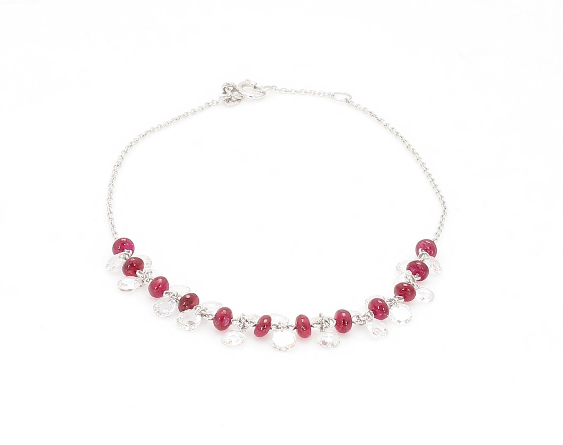 PANIM Rose Cut Diamond and Ruby Dangling Bracelet in 18 Karat White Gold For Sale 1