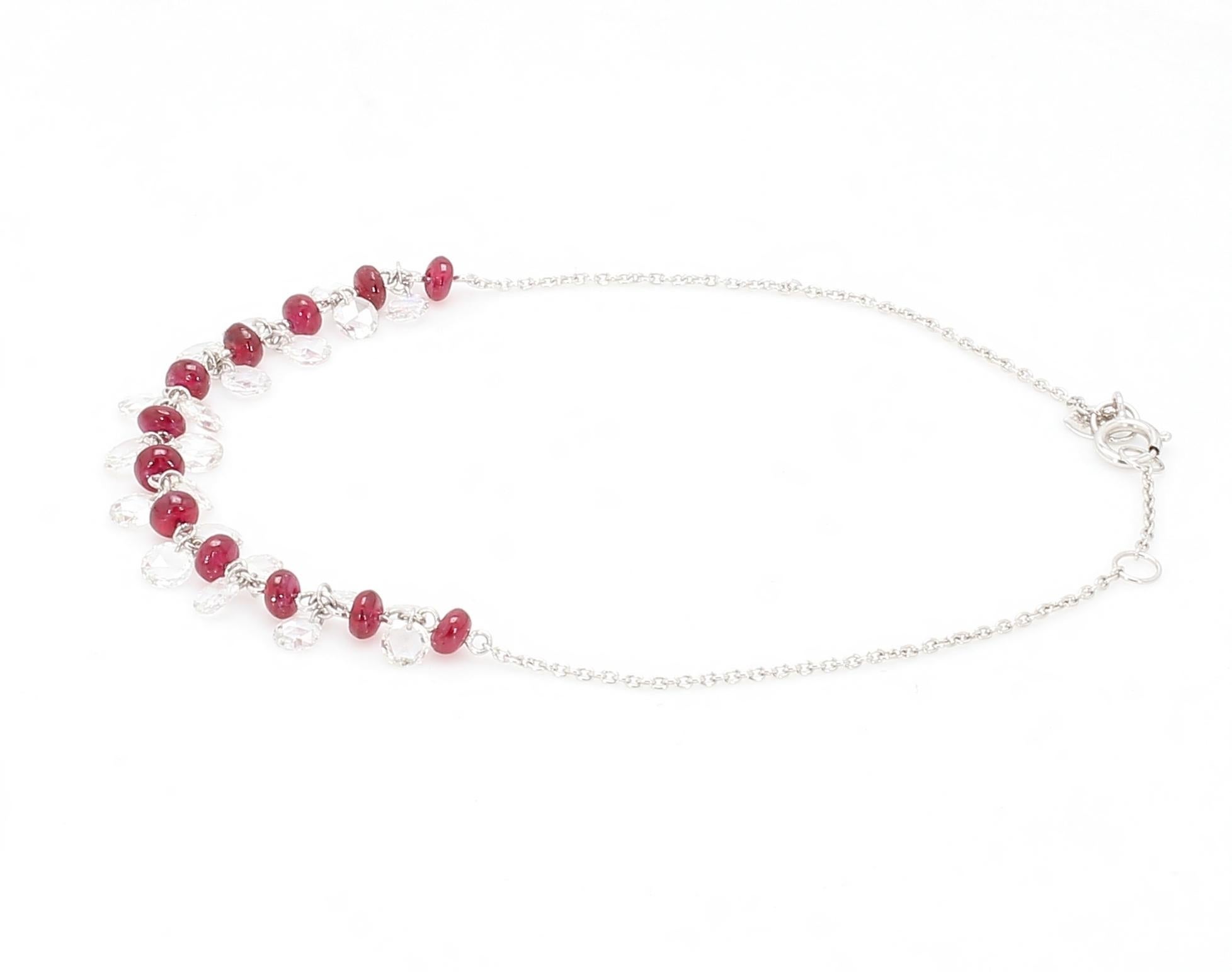 PANIM Rose Cut Diamond and Ruby Dangling Bracelet in 18 Karat White Gold For Sale 2