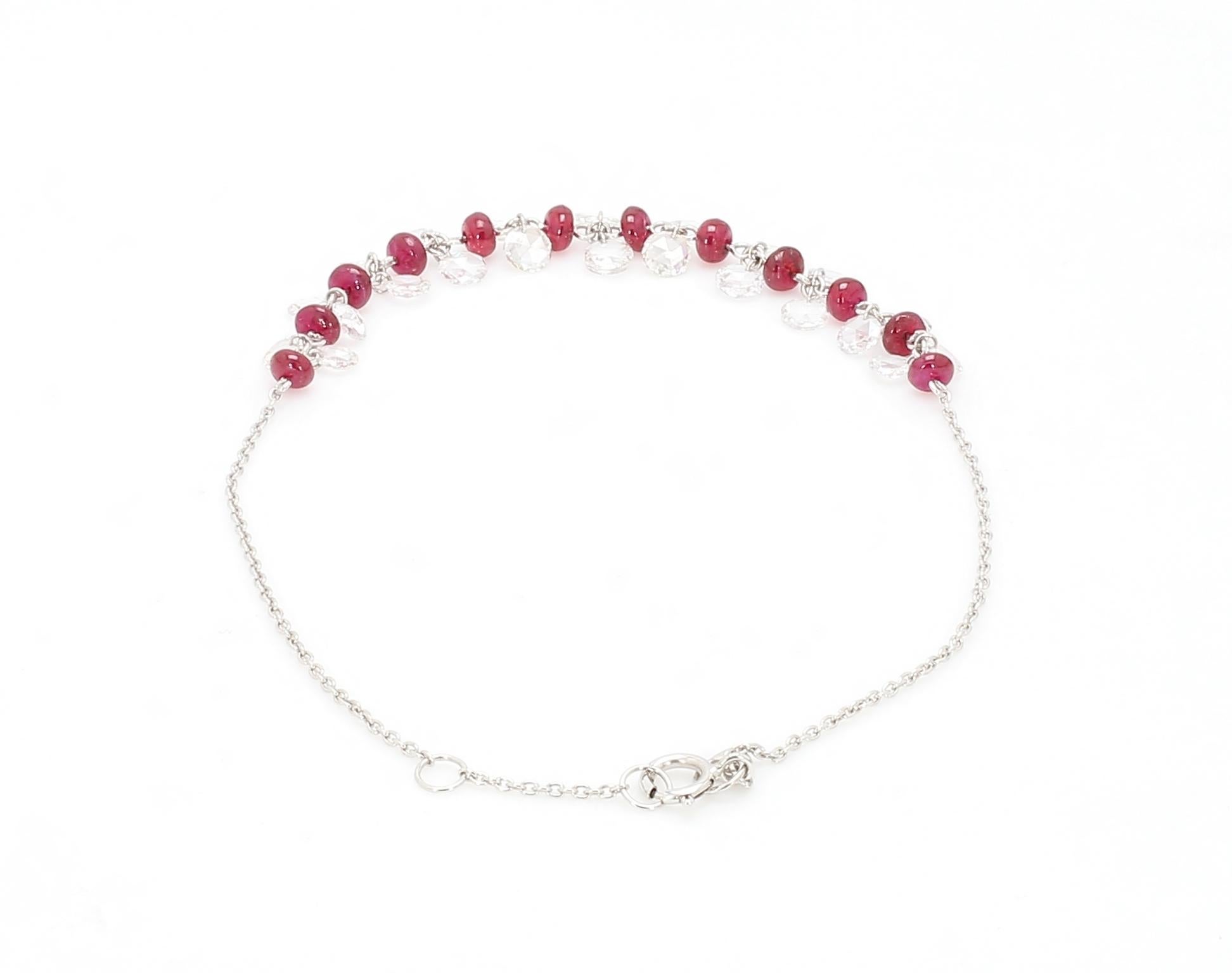 PANIM Rose Cut Diamond and Ruby Dangling Bracelet in 18 Karat White Gold For Sale 3