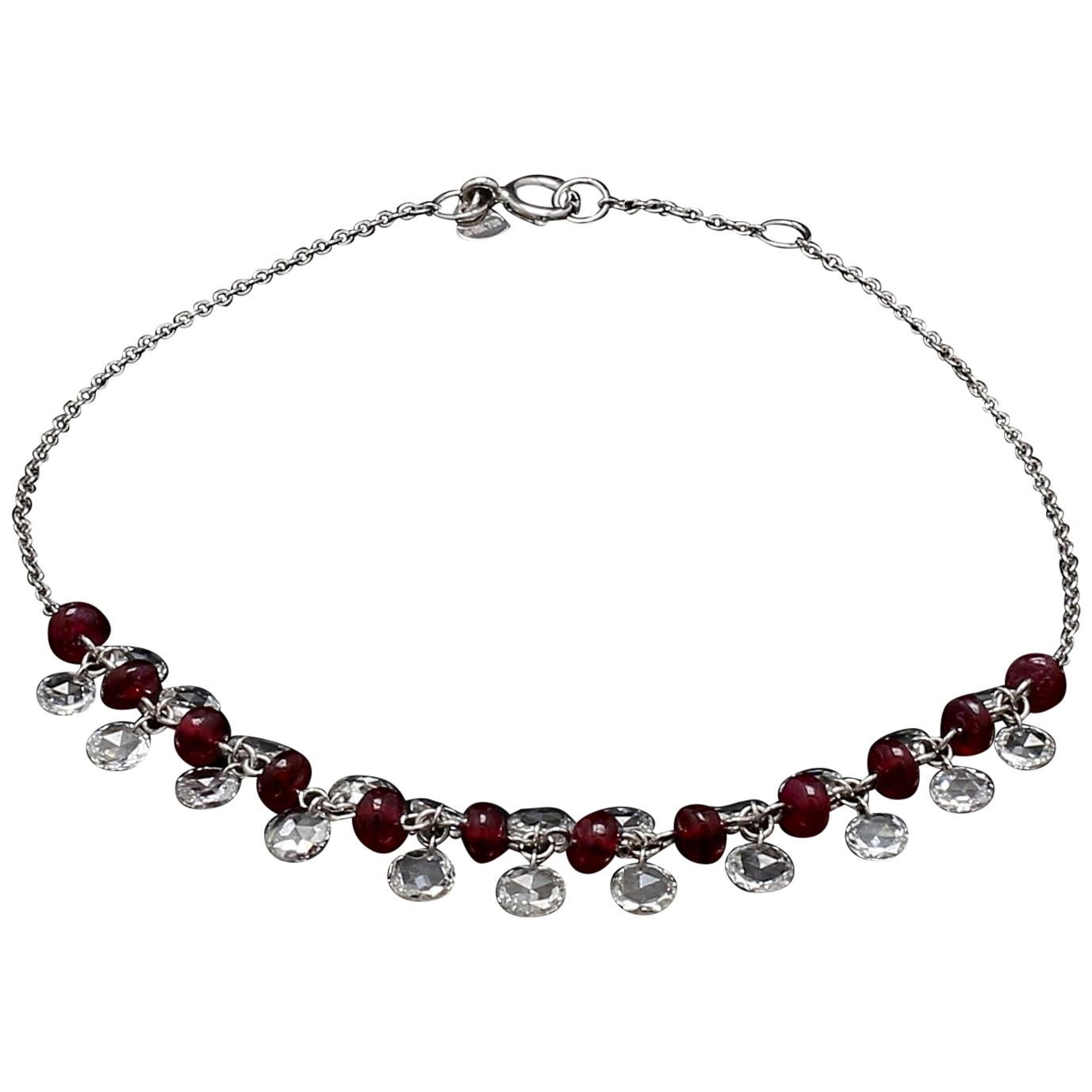 PANIM Rose Cut Diamond and Ruby Dangling Bracelet in 18 Karat White Gold For Sale