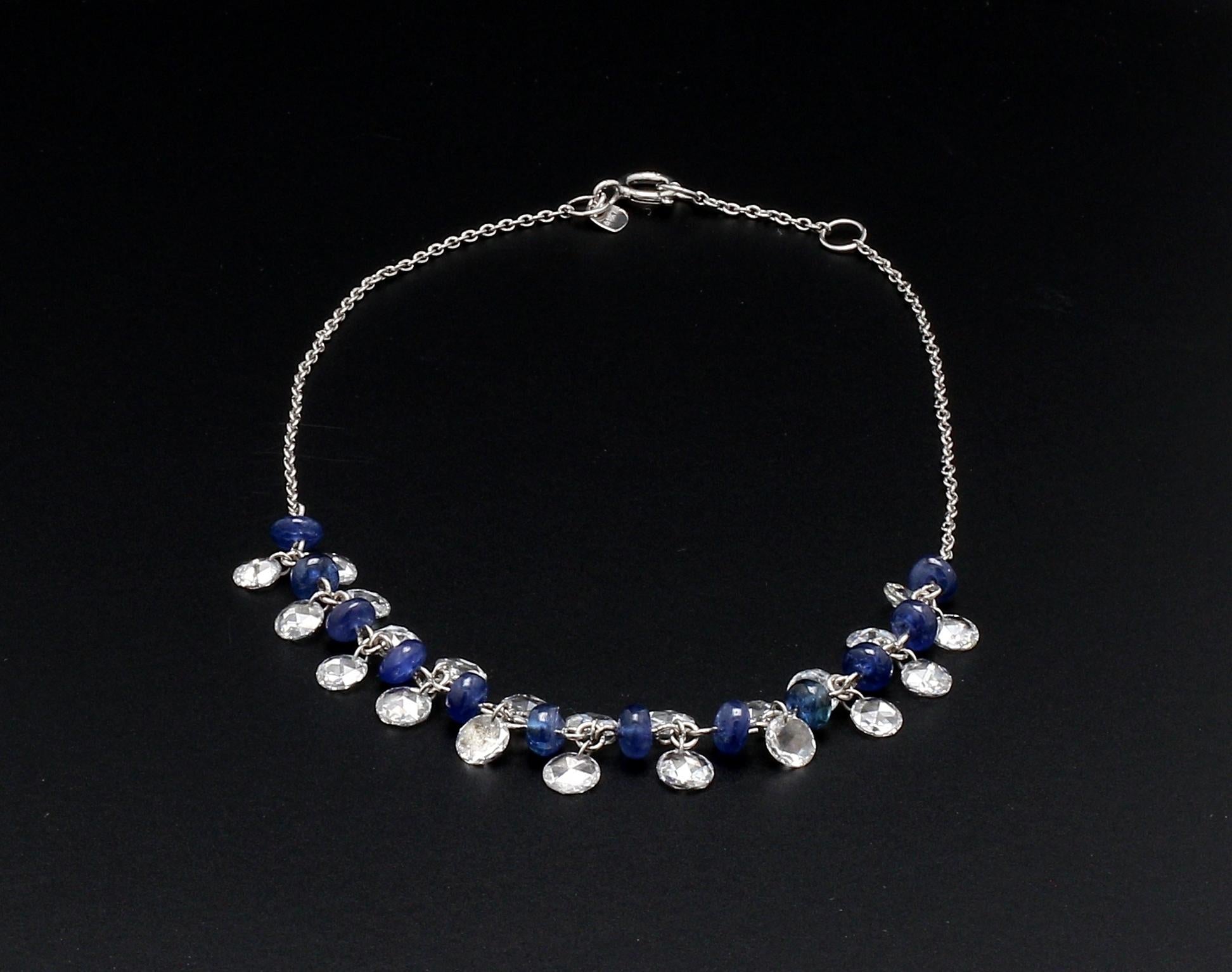 Panim Rose Cut Diamond And Sapphire Dangling Bracelet in 18 Karat White Gold

Our dangling rose-cut diamond bracelet is extremely wearable. Its versatility and classic design make it a great accompaniment to various occasions. Beautifully made with