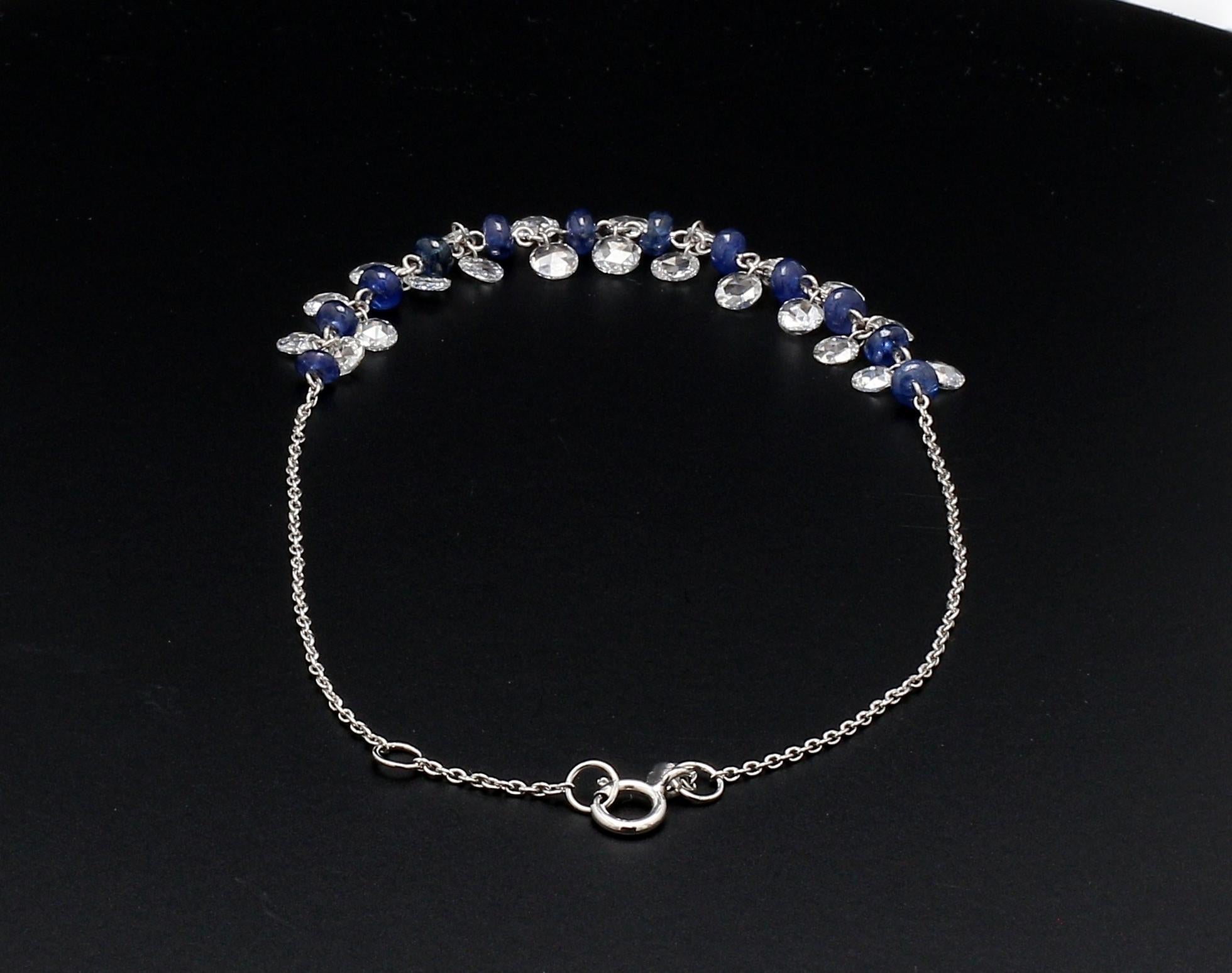 PANIM Rose Cut Diamond and Sapphire Dangling Bracelet in 18 Karat White Gold In New Condition For Sale In Tsim Sha Tsui, Hong Kong