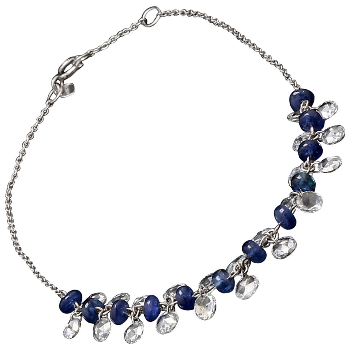 PANIM Rose Cut Diamond and Sapphire Dangling Bracelet in 18 Karat White Gold For Sale