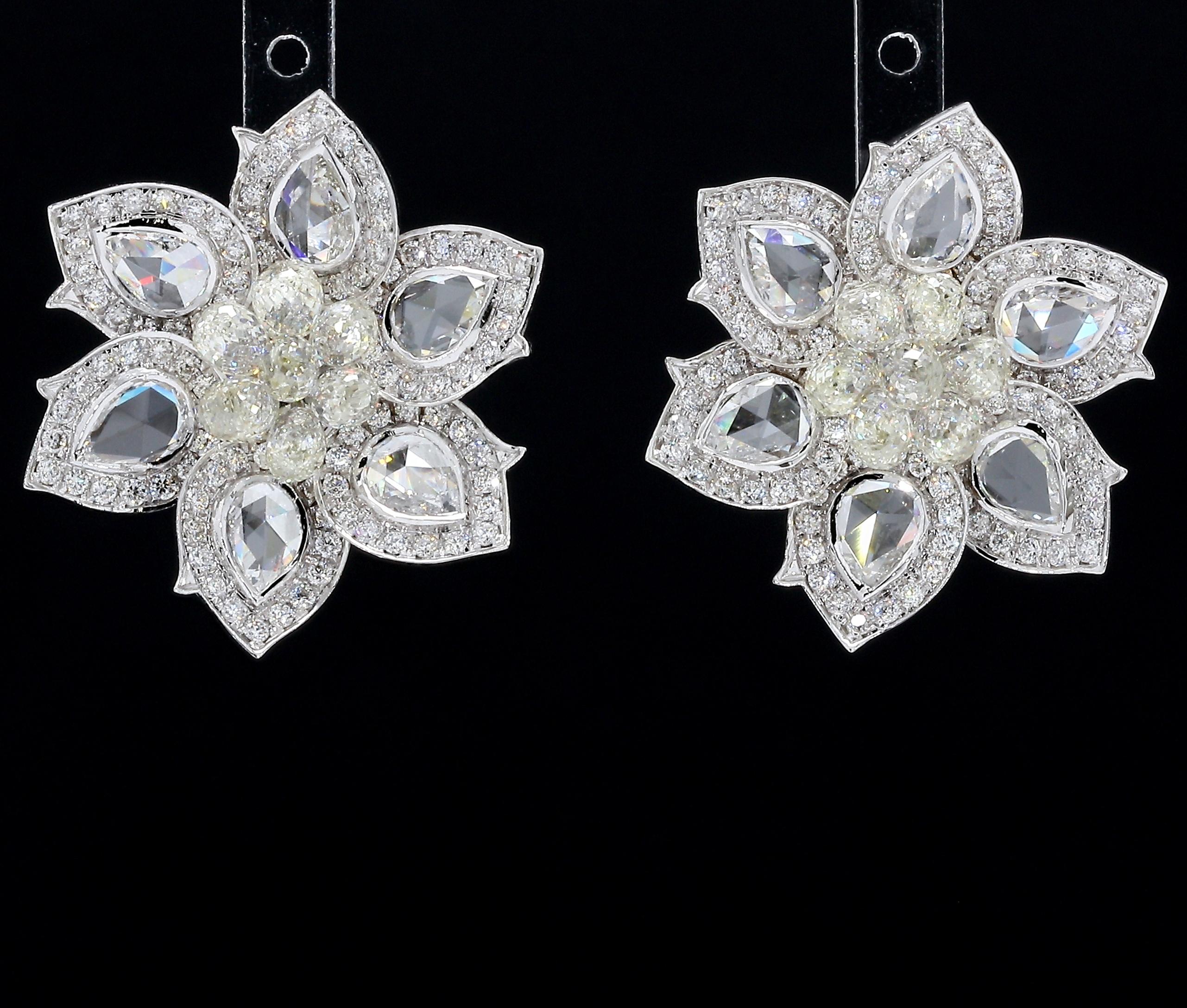 PANIM Rosecut & Briolette Diamond Floral Earring in 18 Karat White Gold For Sale 3