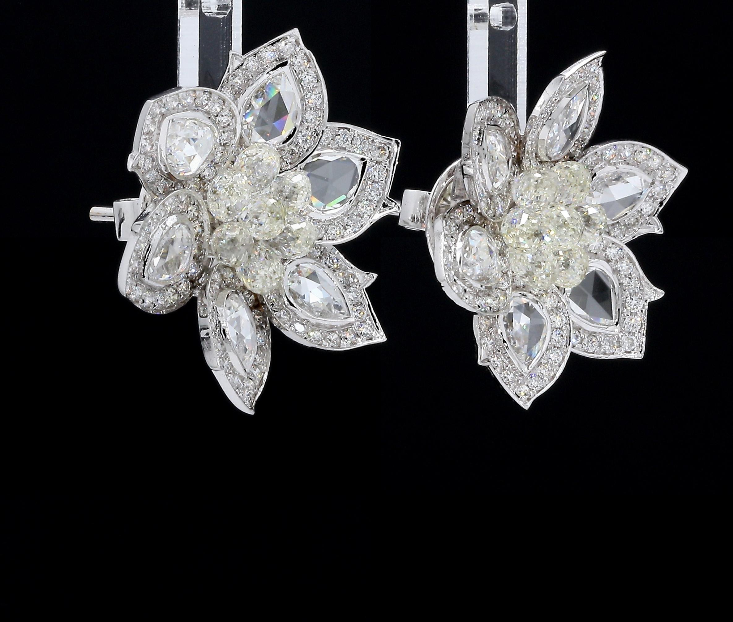 PANIM Rosecut & Briolette Diamond Floral Earring in 18 Karat White Gold For Sale 4