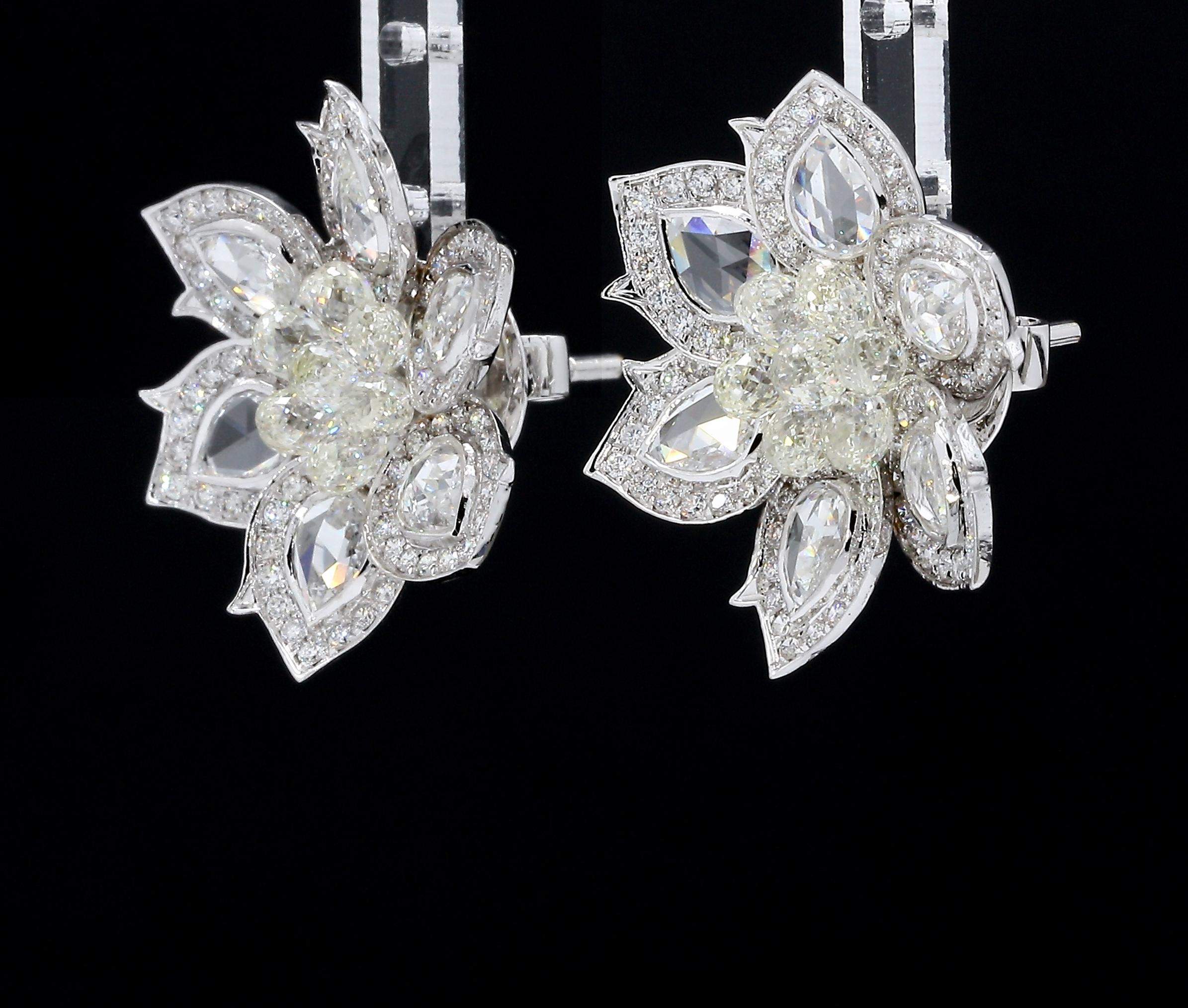 PANIM Rosecut & Briolette Diamond Floral Earring in 18 Karat White Gold For Sale 7