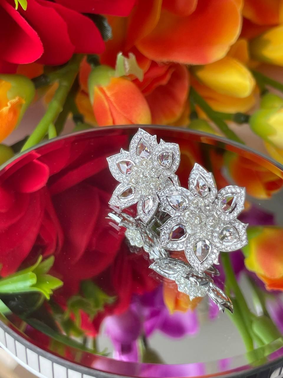 PANIM Rosecut & Briolette Diamond Floral Earring in 18 Karat White Gold For Sale 10