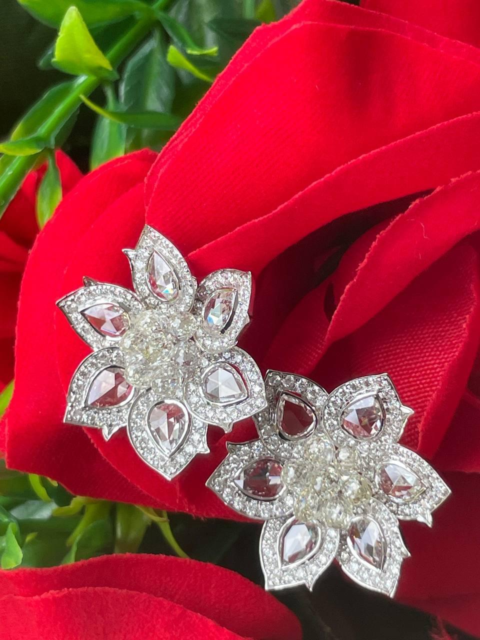PANIM Rosecut & Briolette Diamond Floral Earring in 18 Karat White Gold For Sale 11