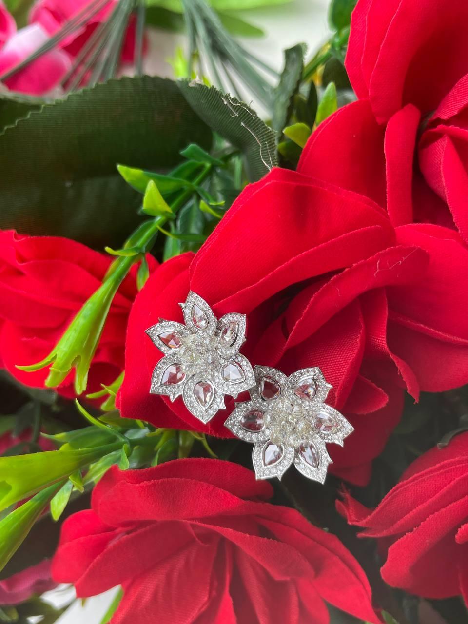 PANIM Rosecut & Briolette Diamond Floral Earring in 18 Karat White Gold For Sale 12