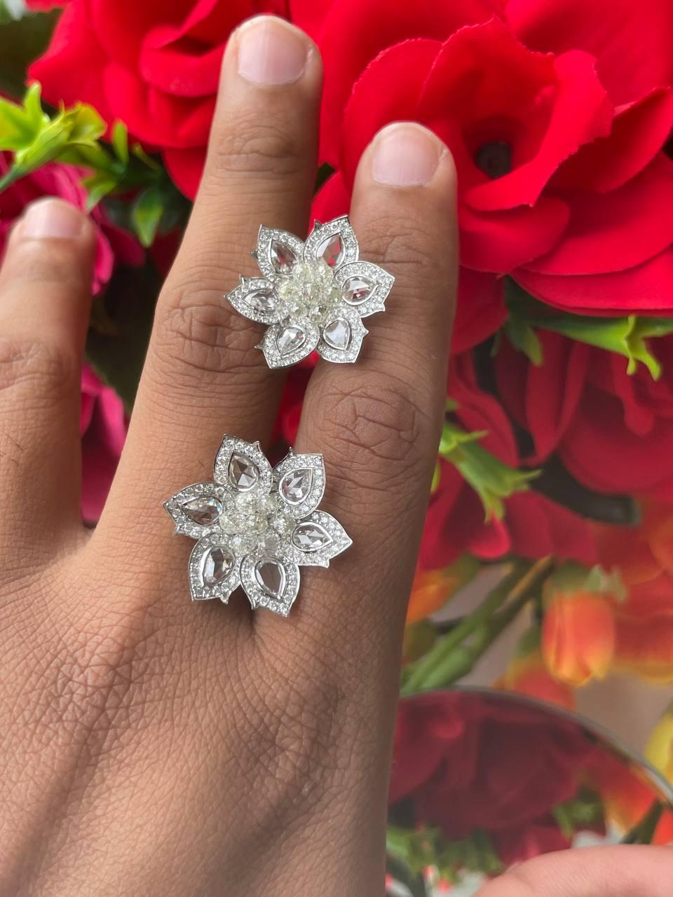 PANIM Rosecut & Briolette Diamond Floral Earring in 18 Karat White Gold For Sale 13
