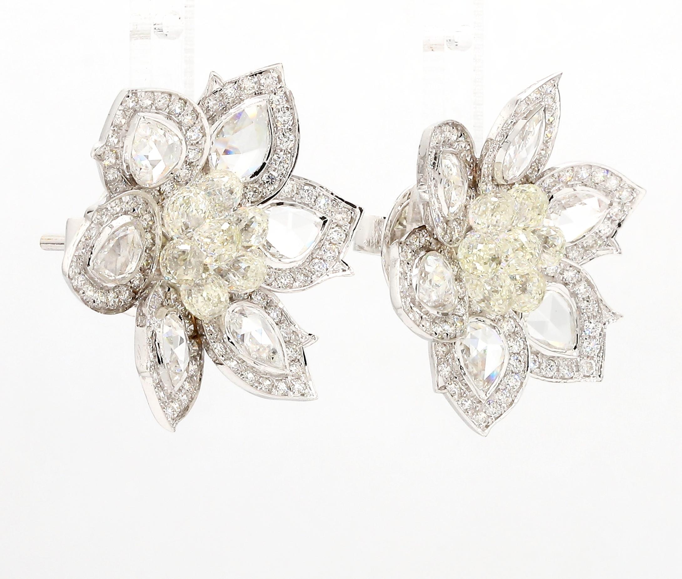Briolette Cut PANIM Rosecut & Briolette Diamond Floral Earring in 18 Karat White Gold For Sale