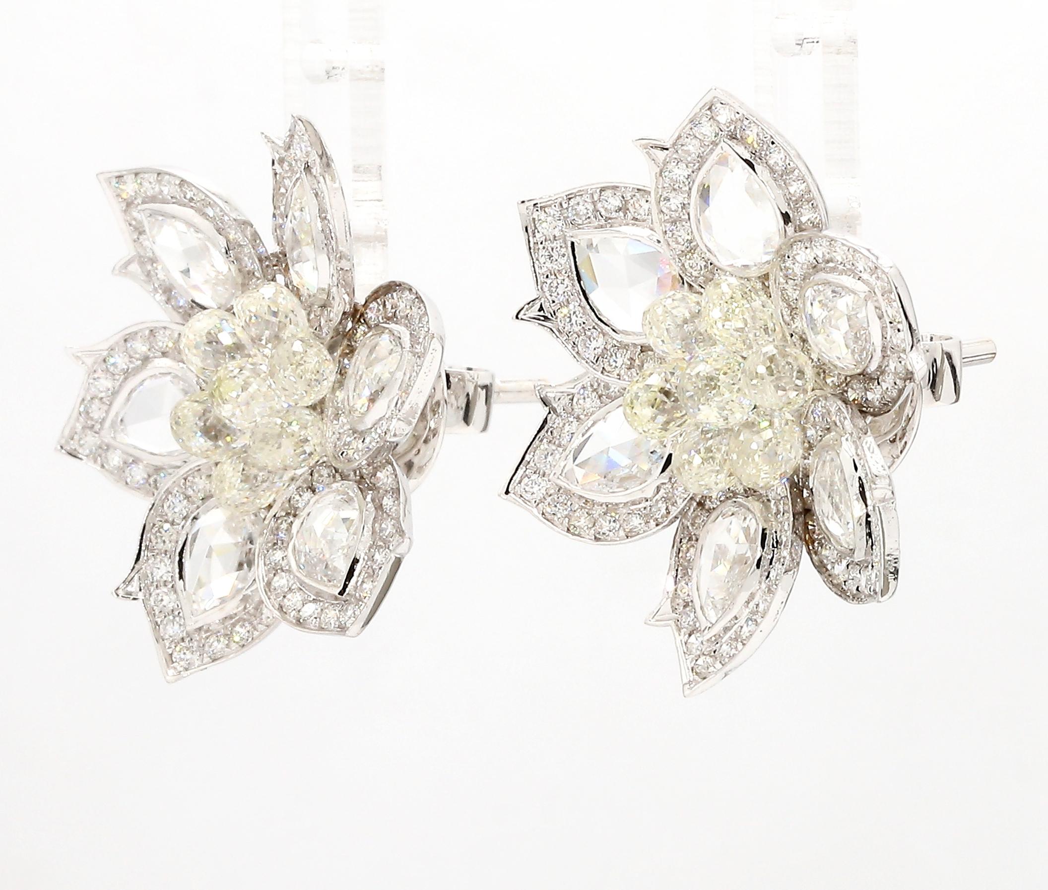 PANIM Boucles d'oreilles à fleurs en or blanc 18 carats avec diamants taille rose et briolette Pour femmes en vente