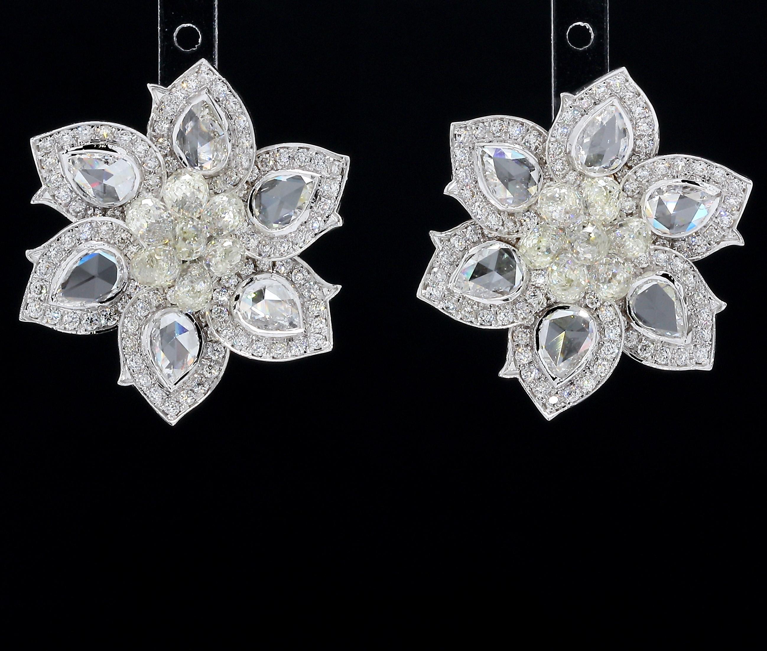 PANIM Rosecut & Briolette Diamond Floral Earring in 18 Karat White Gold For Sale 2