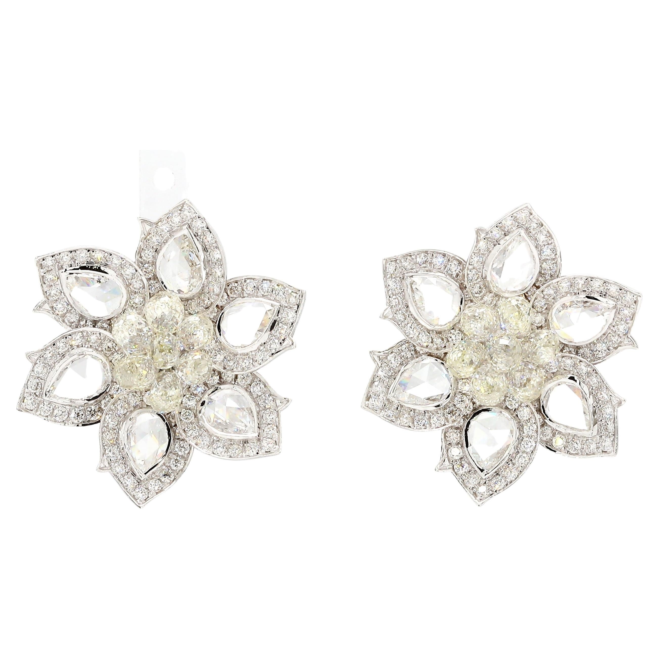 PANIM Rosecut & Briolette Diamond Floral Earring in 18 Karat White Gold For Sale
