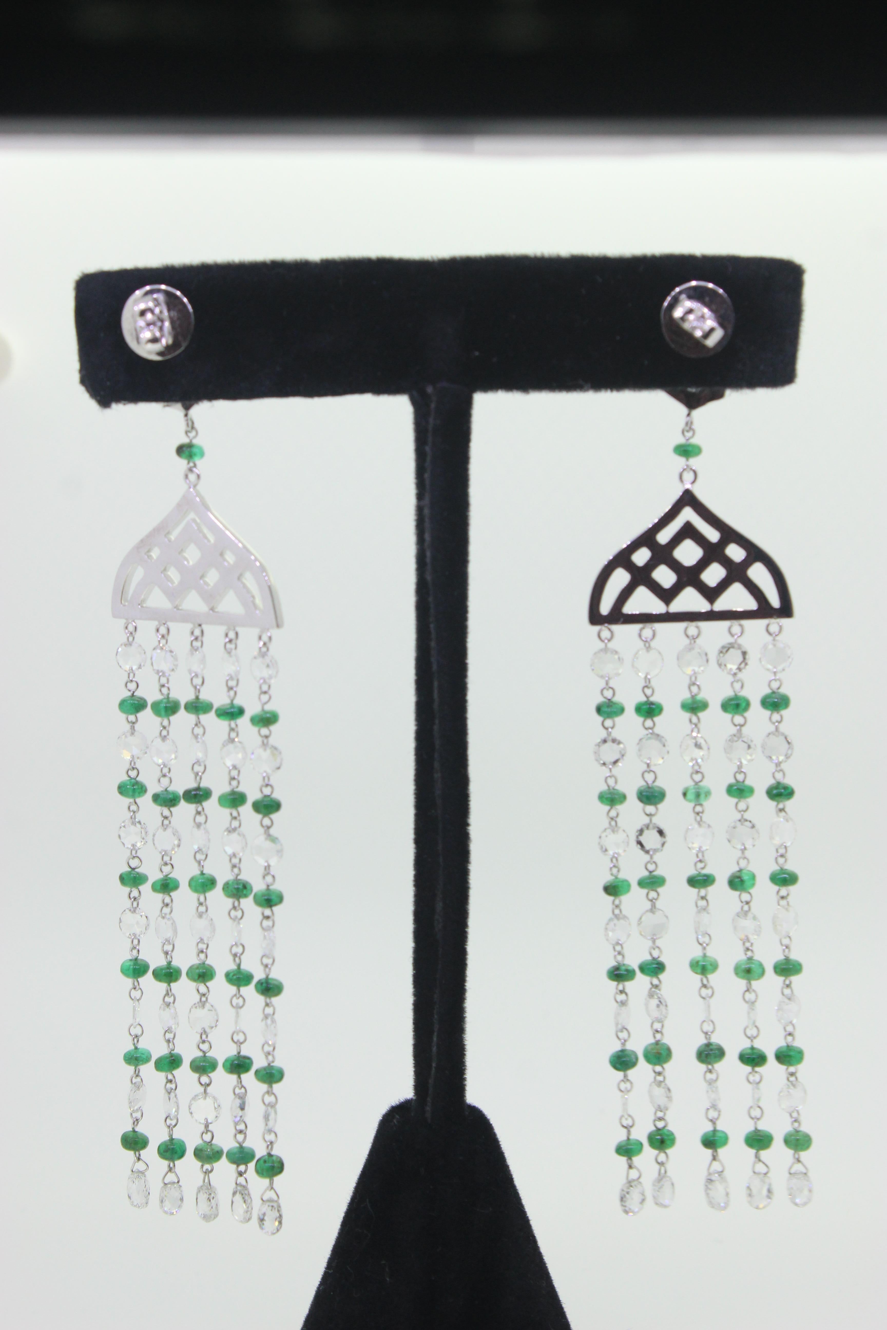 Rose Cut PANIM Rosecut Diamond & Emerald Tassel Earring in 18 Karat White Gold For Sale