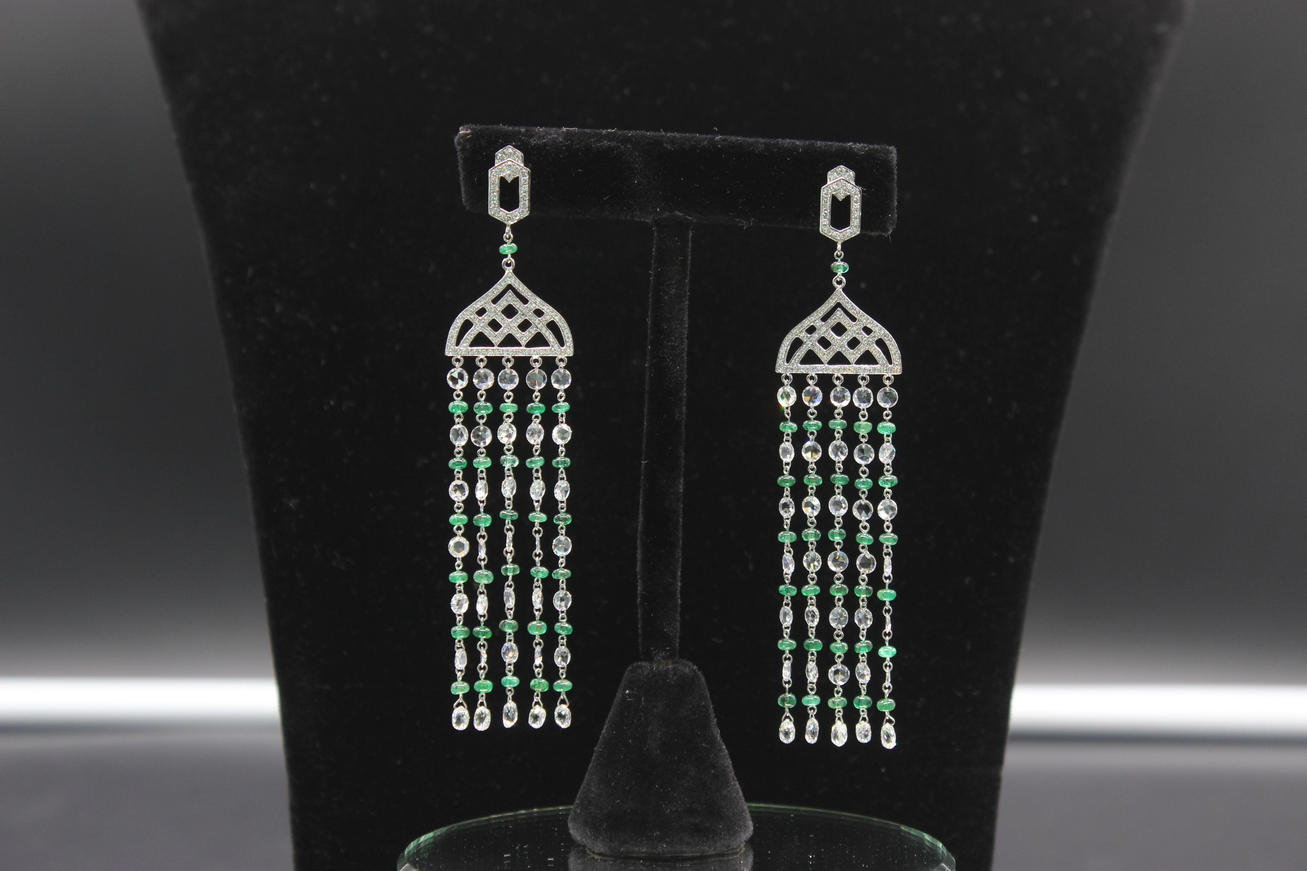 PANIM Rosecut Diamond & Emerald Tassel Earring in 18 Karat White Gold In New Condition For Sale In Tsim Sha Tsui, Hong Kong