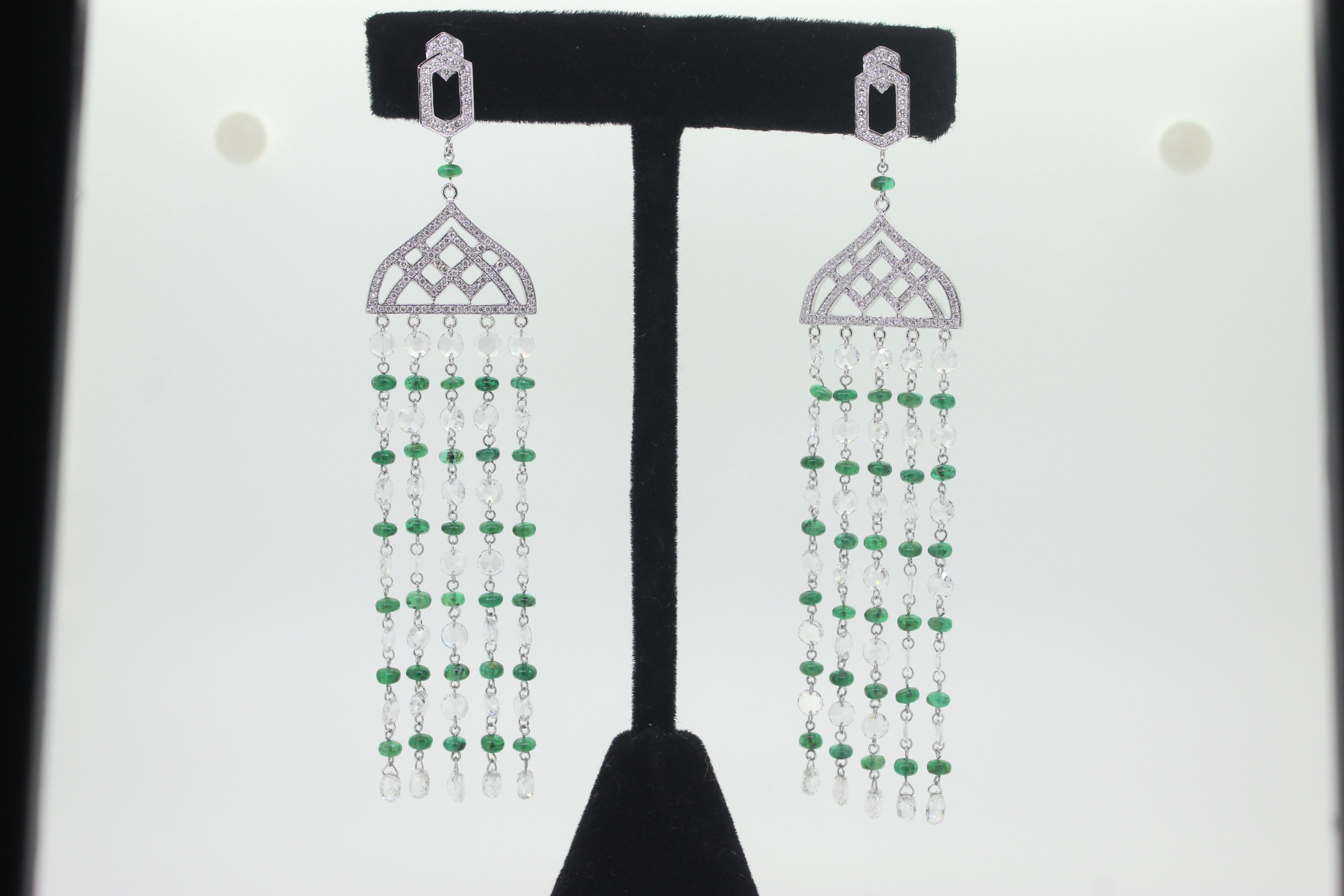 Women's PANIM Rosecut Diamond & Emerald Tassel Earring in 18 Karat White Gold For Sale