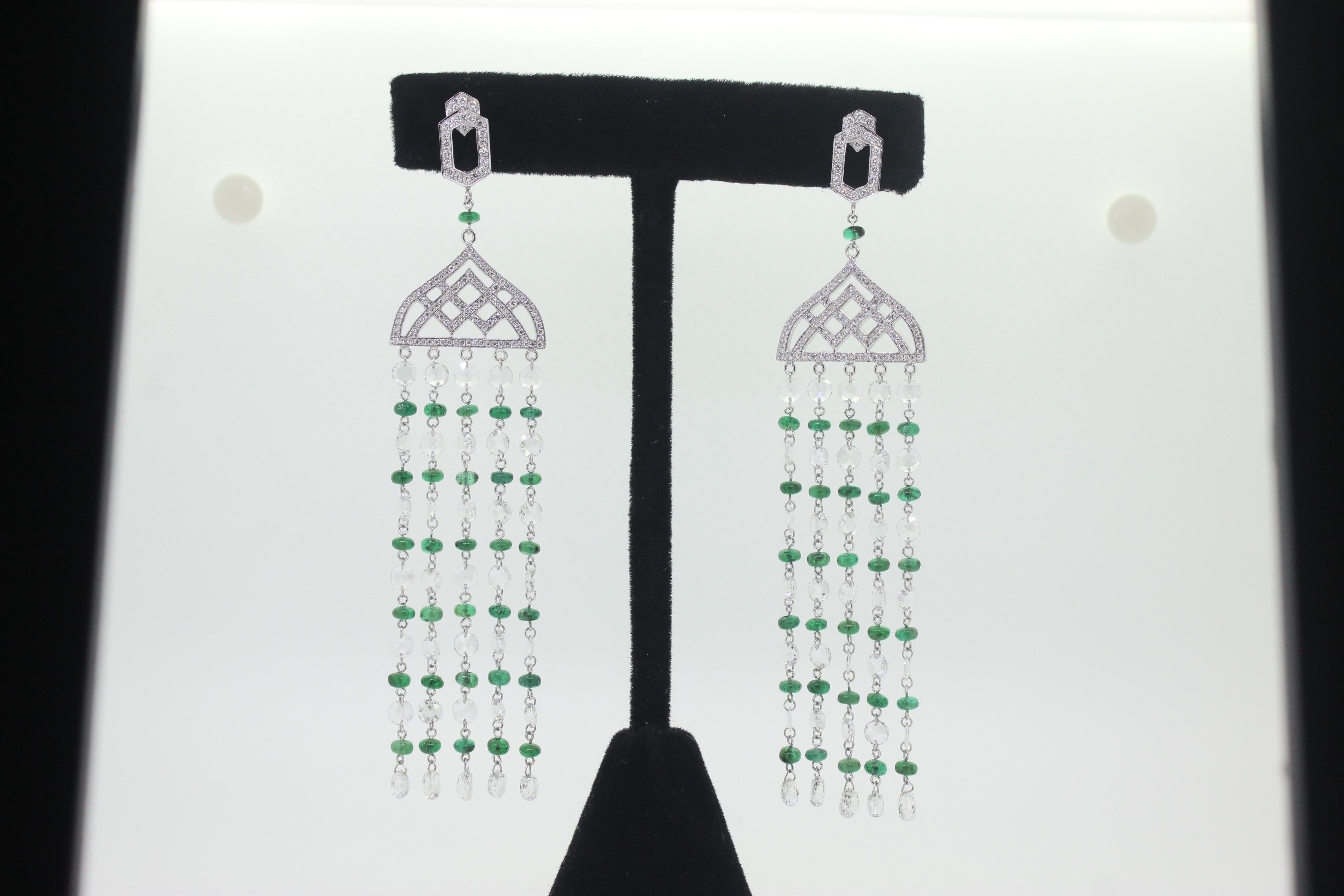 PANIM Rosecut Diamond & Emerald Tassel Earring in 18 Karat White Gold For Sale 1