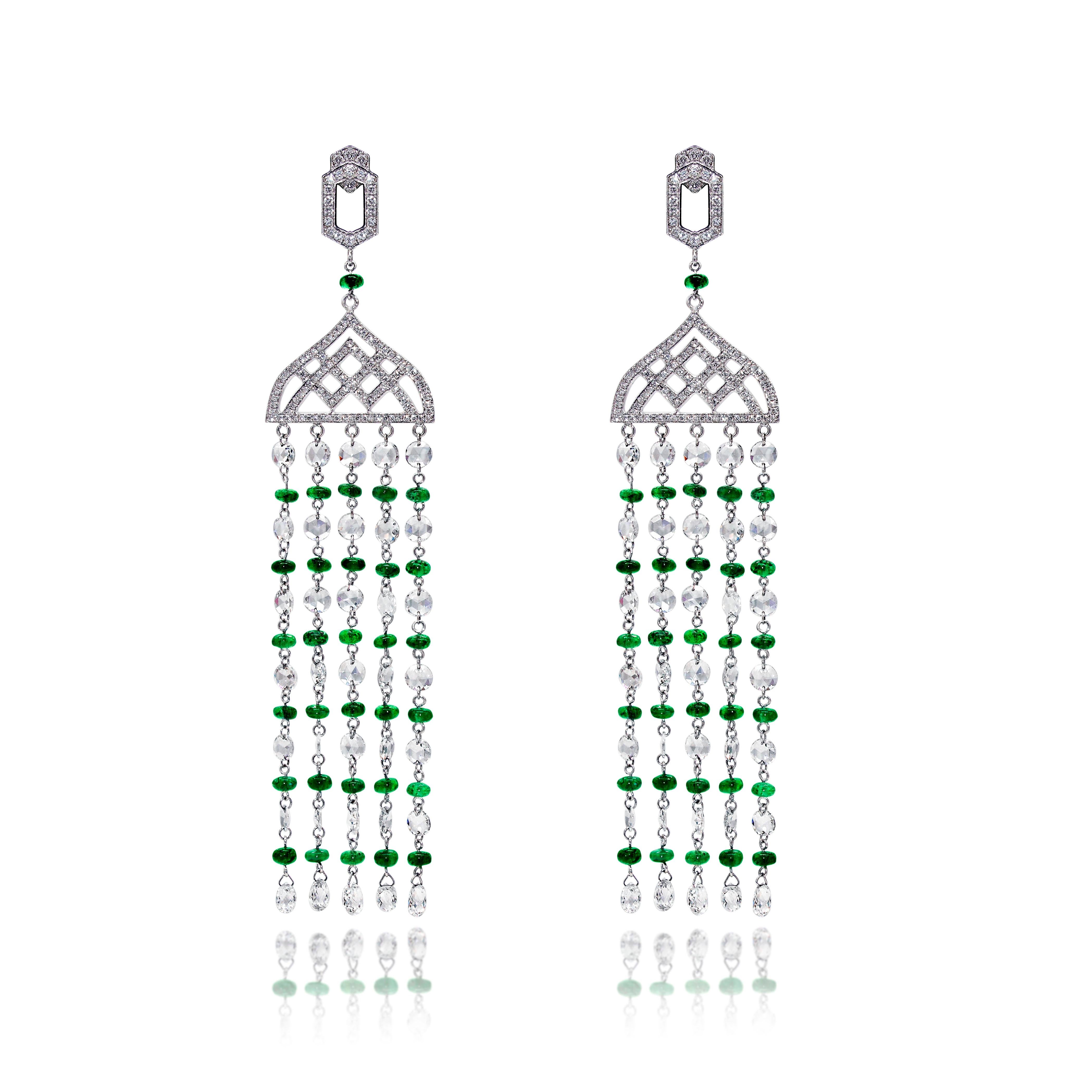 PANIM Rosecut Diamond & Emerald Tassel Earring in 18 Karat White Gold For Sale 2