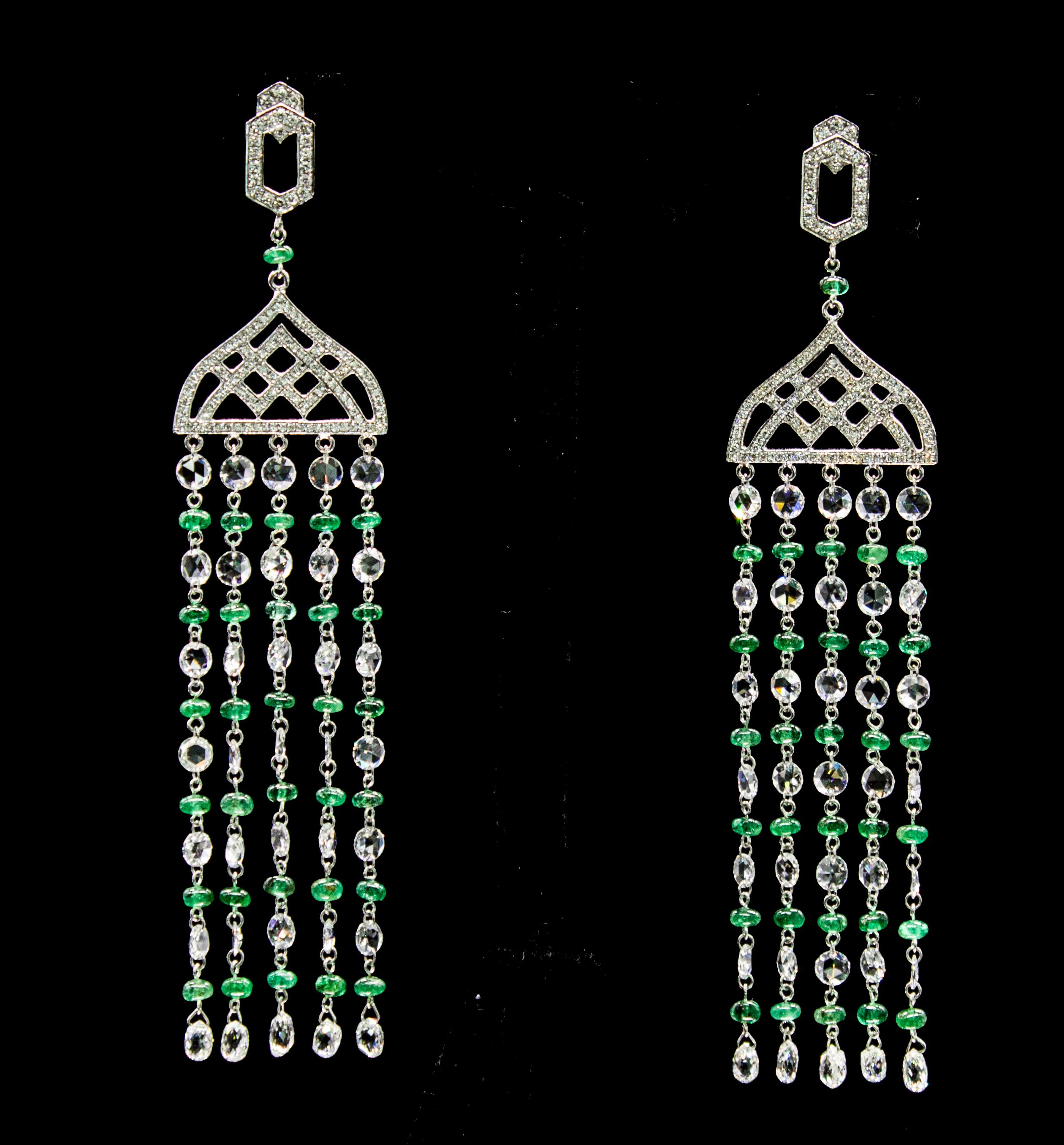 PANIM Rosecut Diamond & Emerald Tassel Earring in 18 Karat White Gold For Sale 3