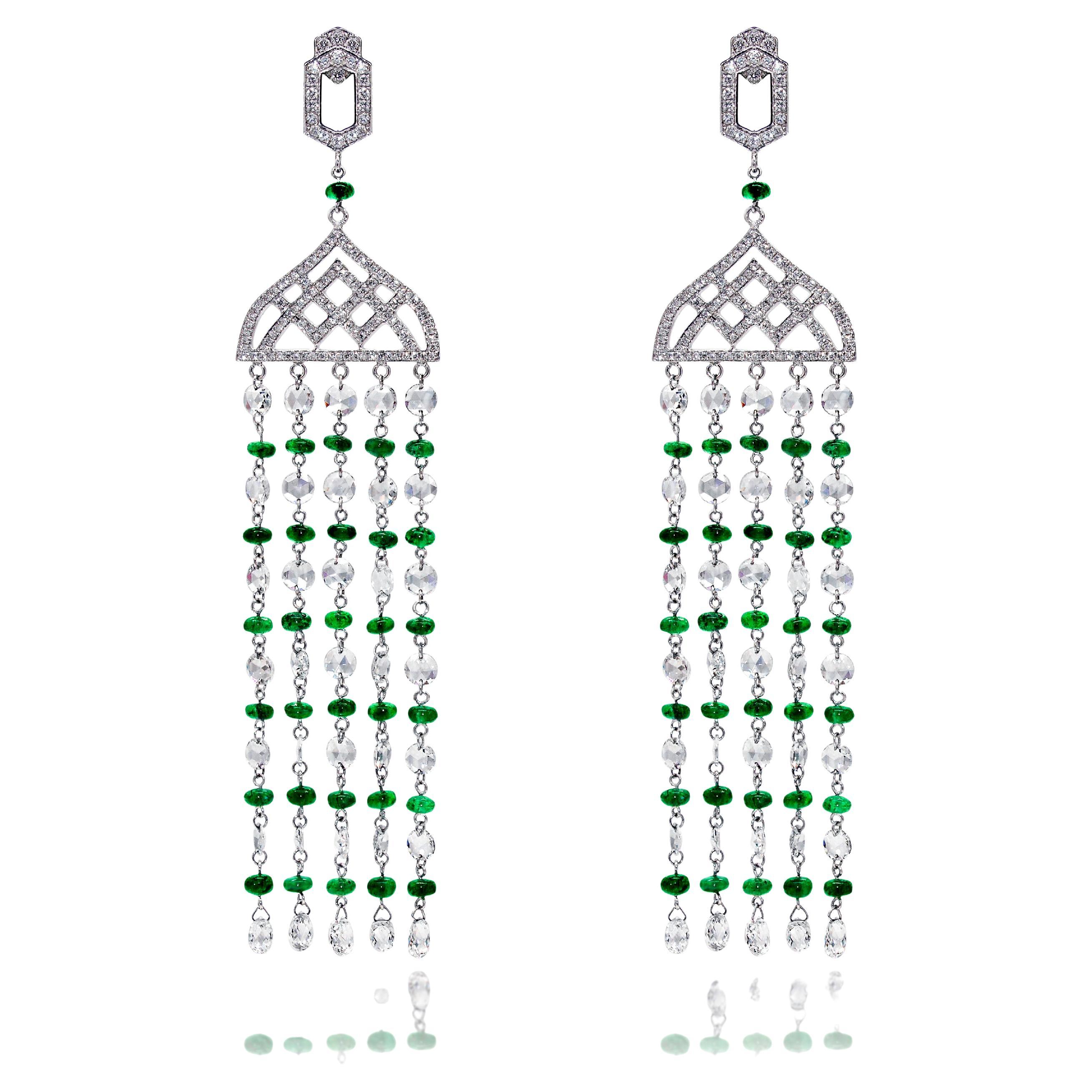 PANIM Rosecut Diamond & Emerald Tassel Earring in 18 Karat White Gold