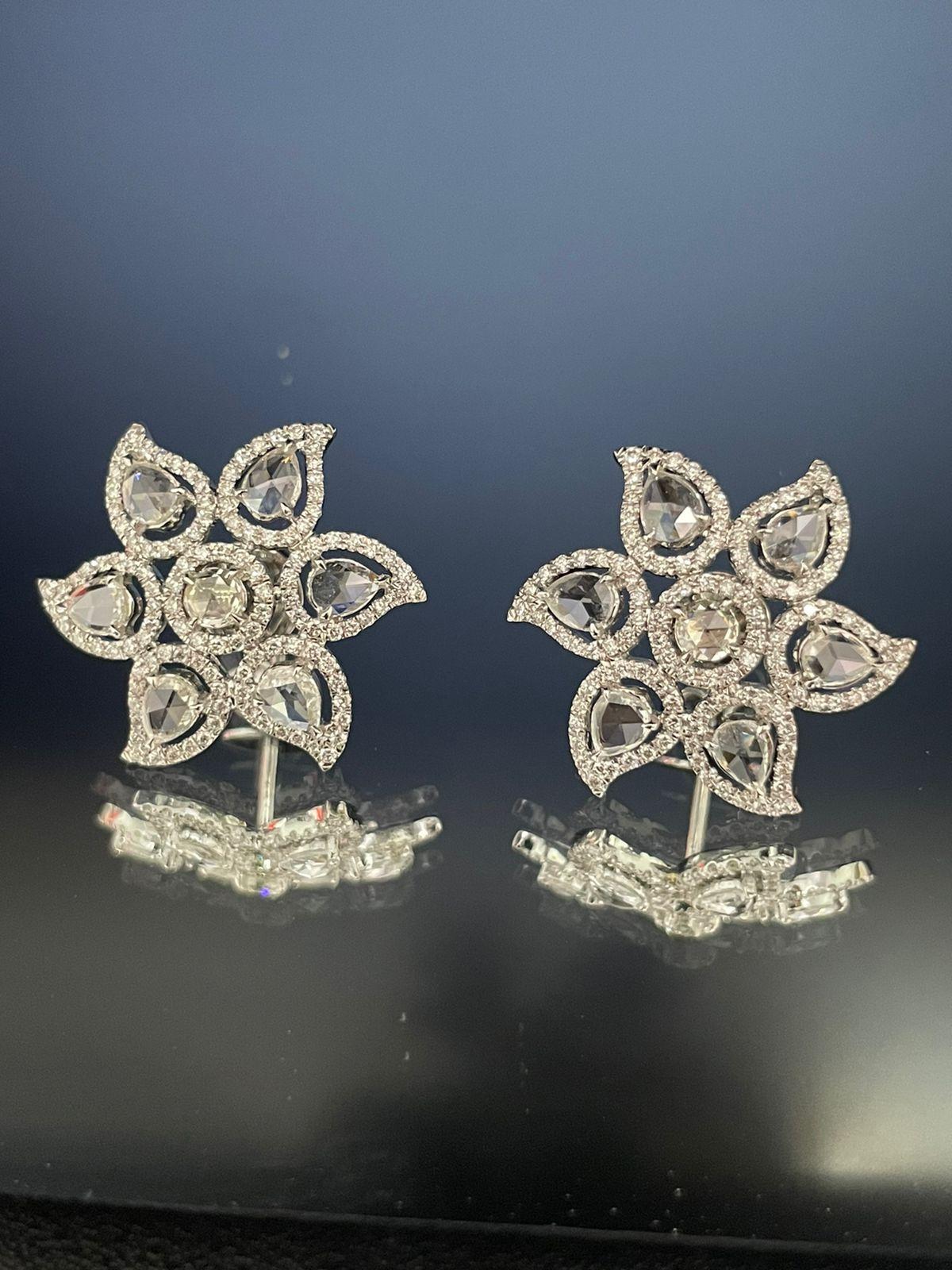 Modern PANIM Rosecut Diamond Floral Earrings 18 Karat White Gold For Sale