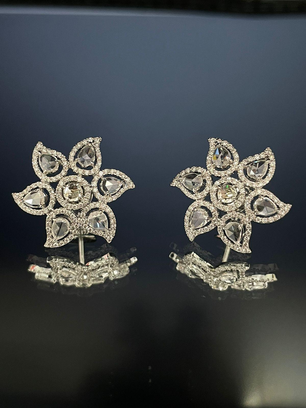 Rose Cut PANIM Rosecut Diamond Floral Earrings 18 Karat White Gold For Sale