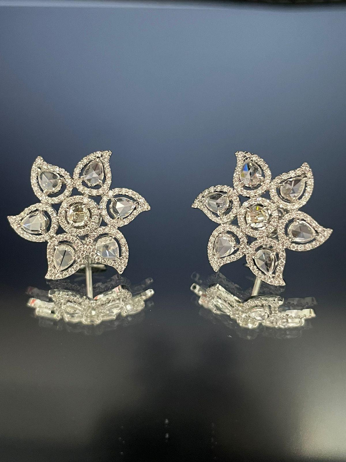 PANIM Rosecut Diamond Floral Earrings 18 Karat White Gold In New Condition For Sale In Tsim Sha Tsui, Hong Kong