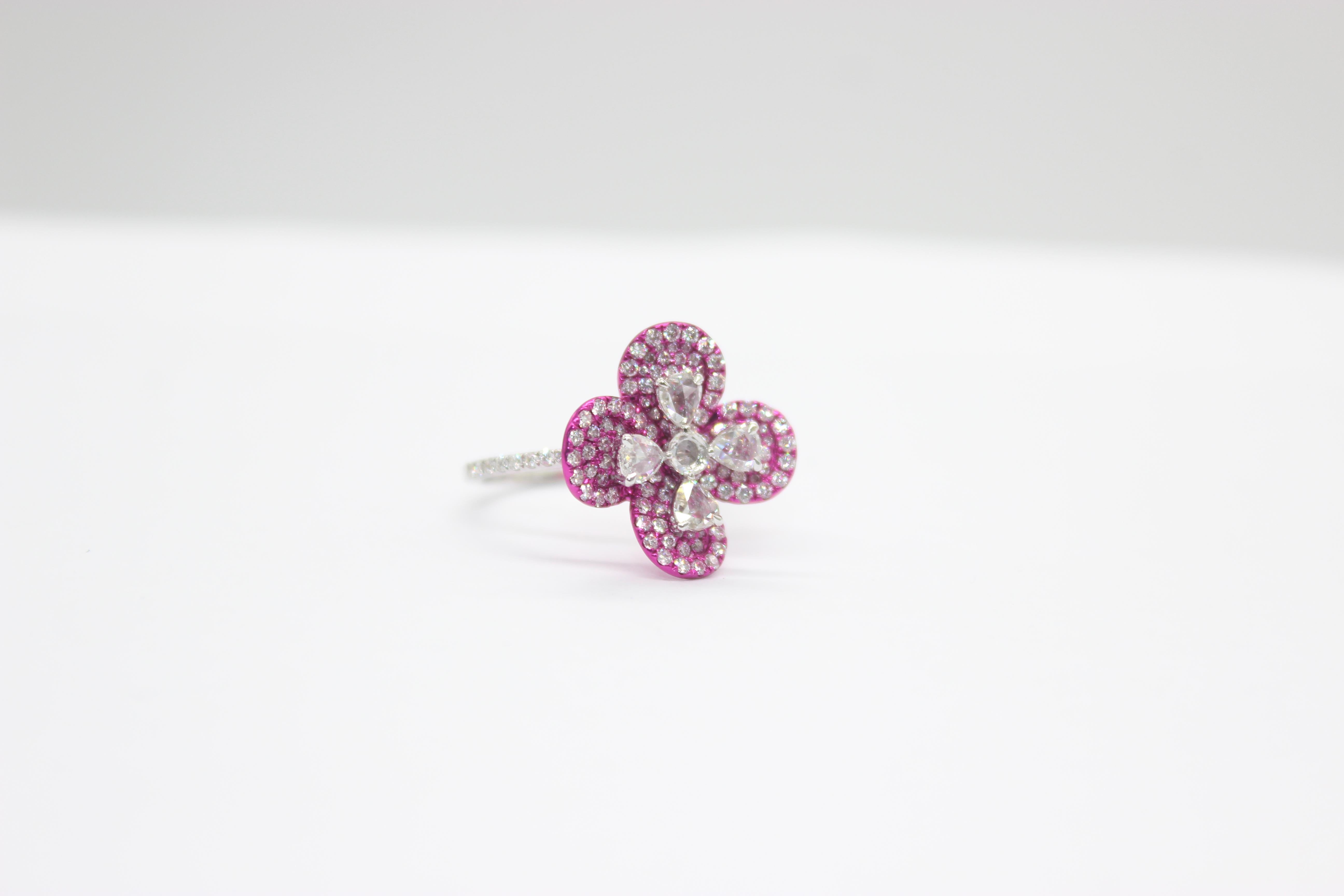 Rose Cut PANIM Rosecut Diamond Flower Ring in 18 Karat White Gold For Sale