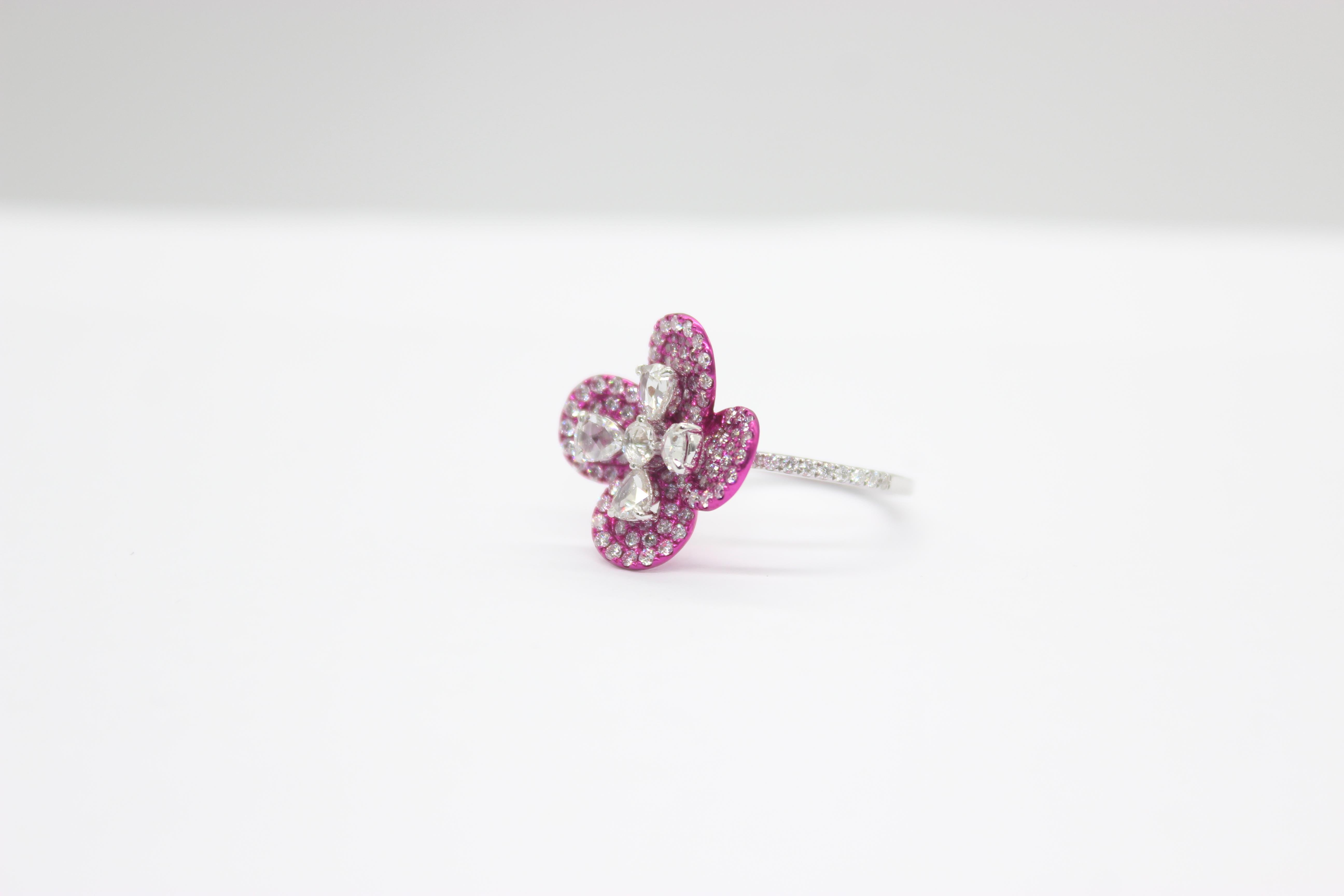 PANIM Rosecut Diamond Flower Ring in 18 Karat White Gold In New Condition For Sale In Tsim Sha Tsui, Hong Kong