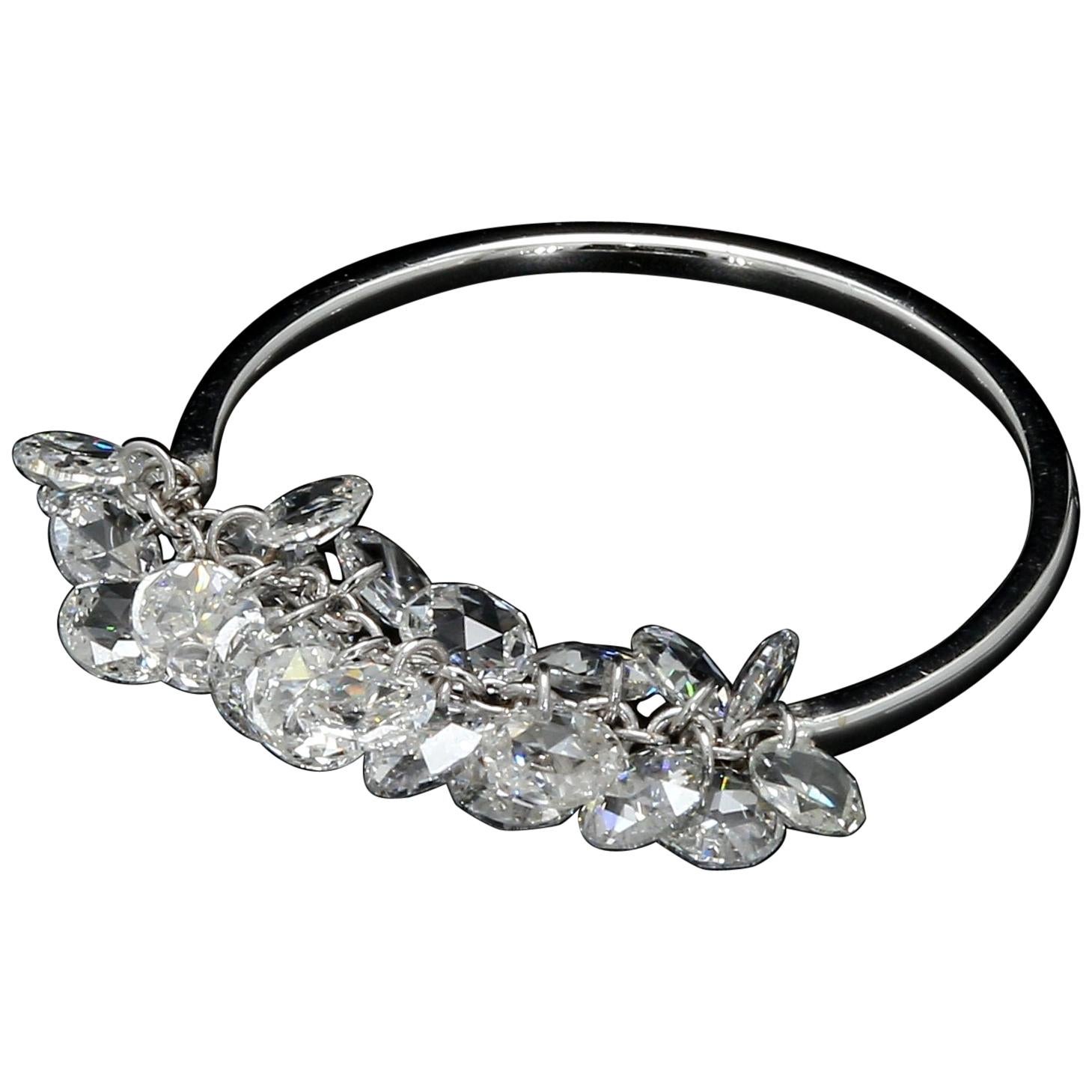 PANIM Rosecut Diamond Fringe Dangling Ring in 18 Karat White Gold For Sale