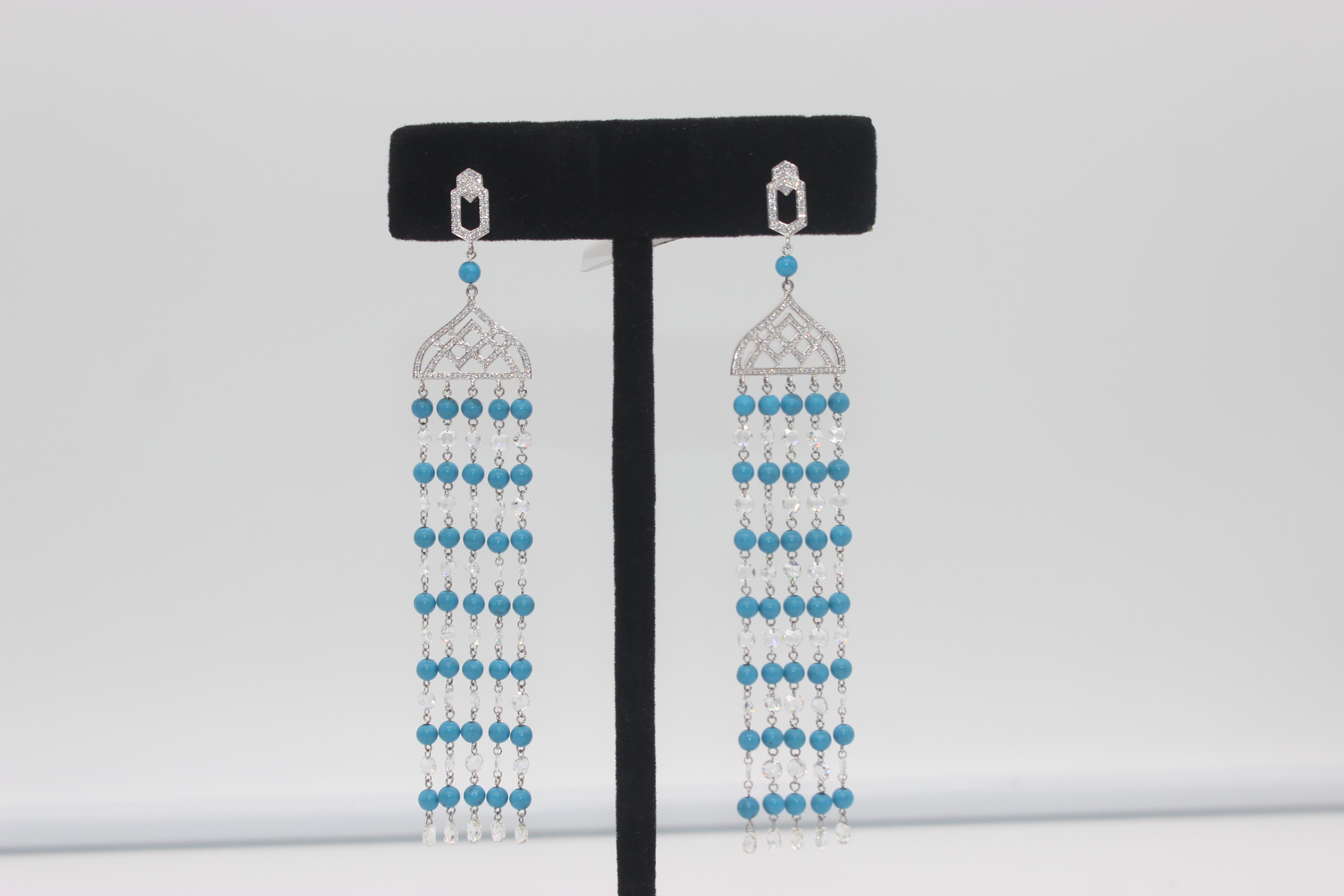 PANIM Rosecut Diamond & Turquoise Tassel Earring in 18 Karat White Gold  For Sale 8
