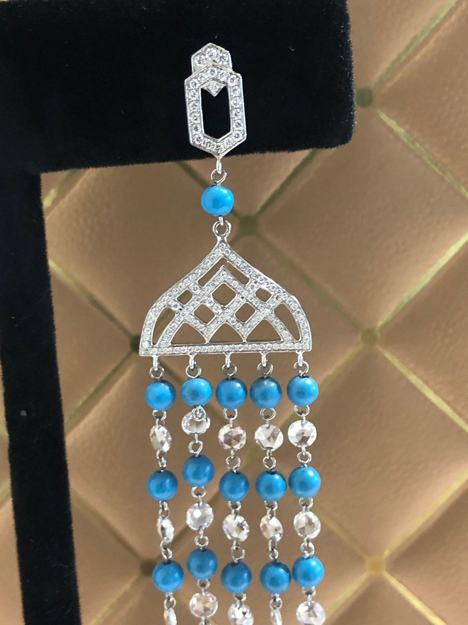 PANIM Rosecut Diamond & Turquoise Tassel Earring in 18 Karat White Gold  For Sale 1