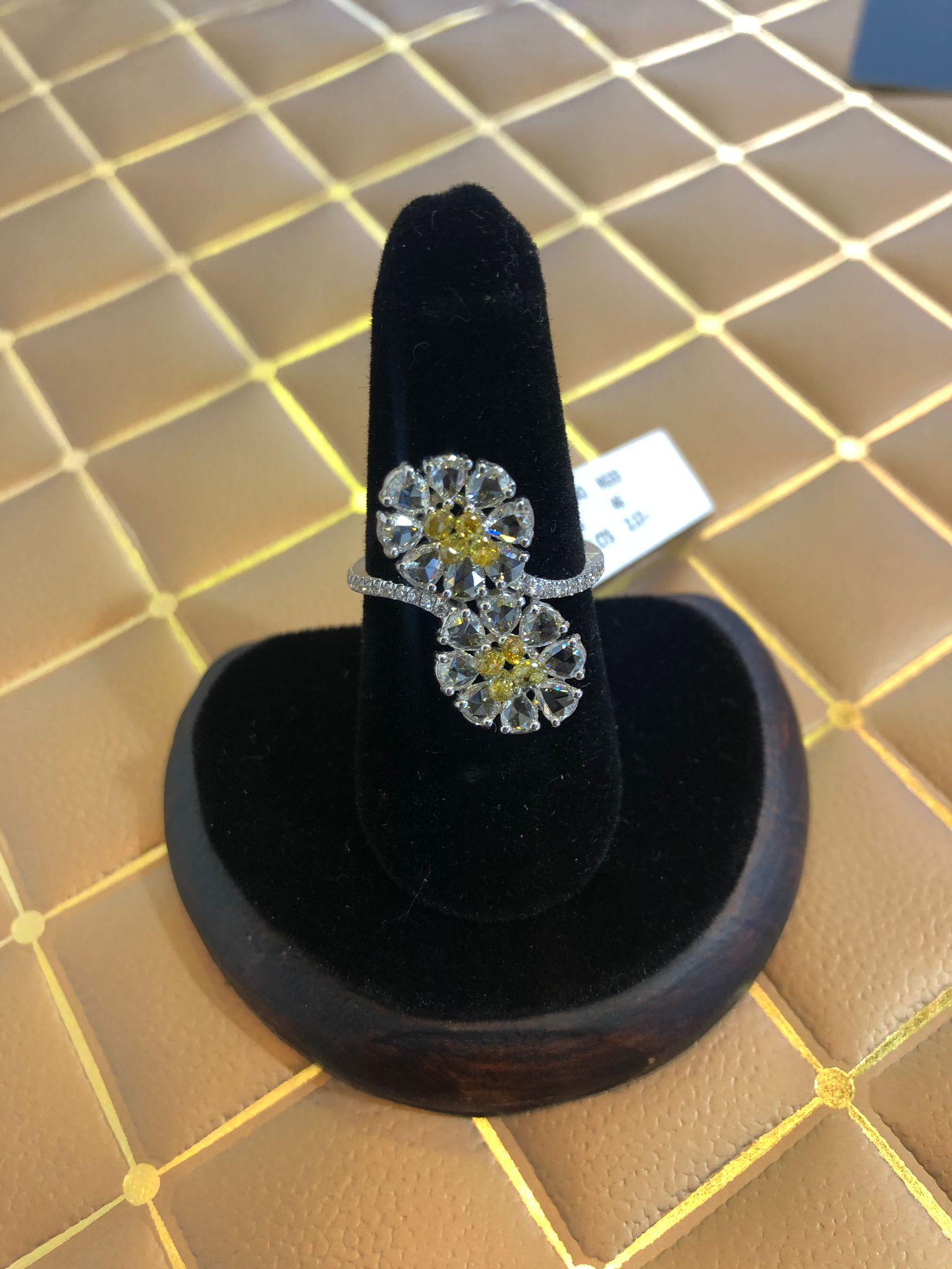 Rose Cut PANIM Rosecut & Fancy Brio Diamond Jasmin Style Ring in 18 Karat White Gold For Sale