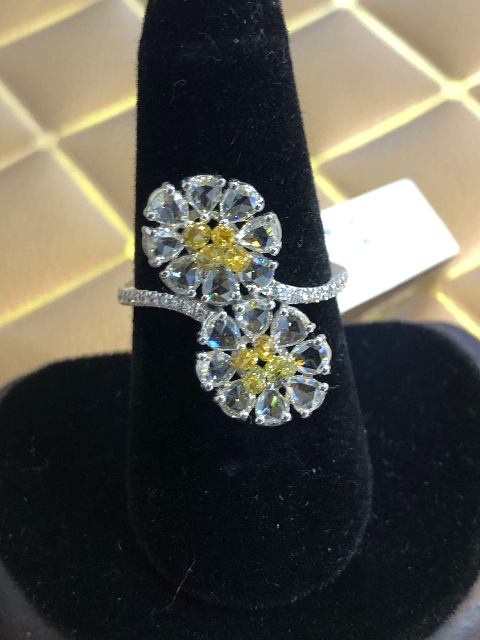 Women's PANIM Rosecut & Fancy Brio Diamond Jasmin Style Ring in 18 Karat White Gold For Sale