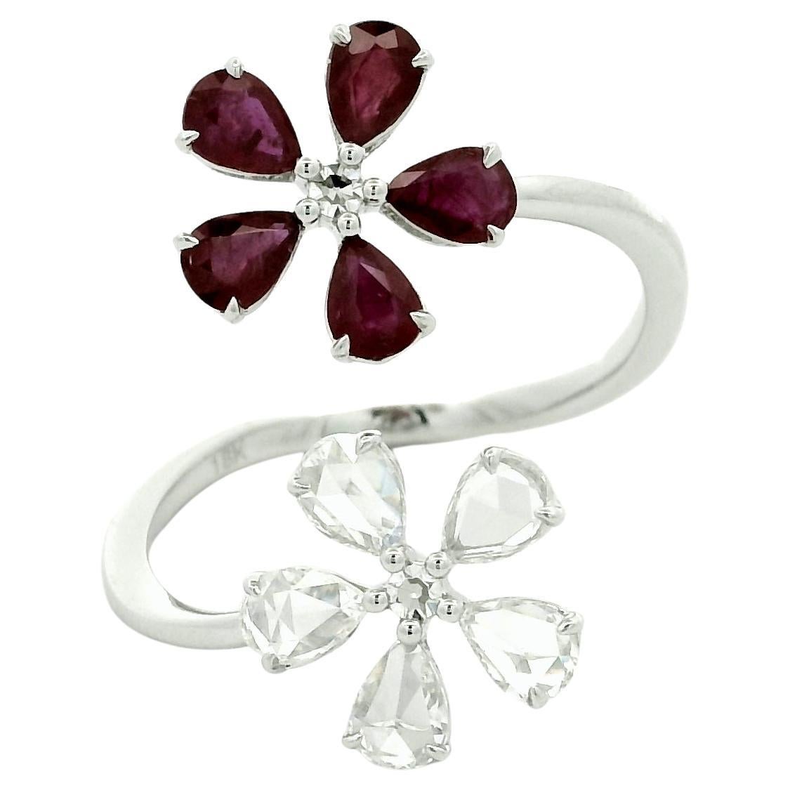 PANIM Ruby & Diamond Rosecut Floral Cocktail Ring in 18K White Gold