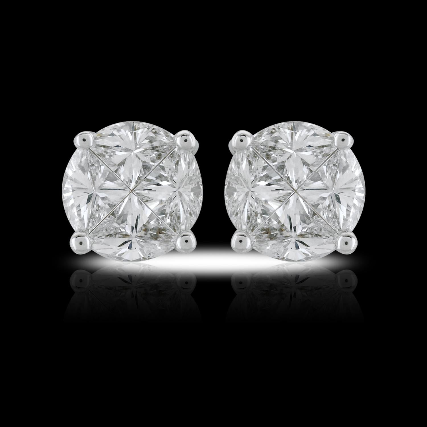 Round Cut Panim Signature Round Illusion Diamond 18K White Gold Stud Earrings For Sale