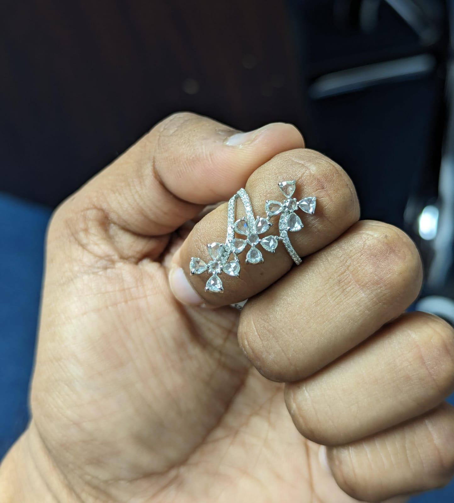 Women's PANIM Trio Floral Diamond Rosecut Ring in 18 Karat White Gold For Sale