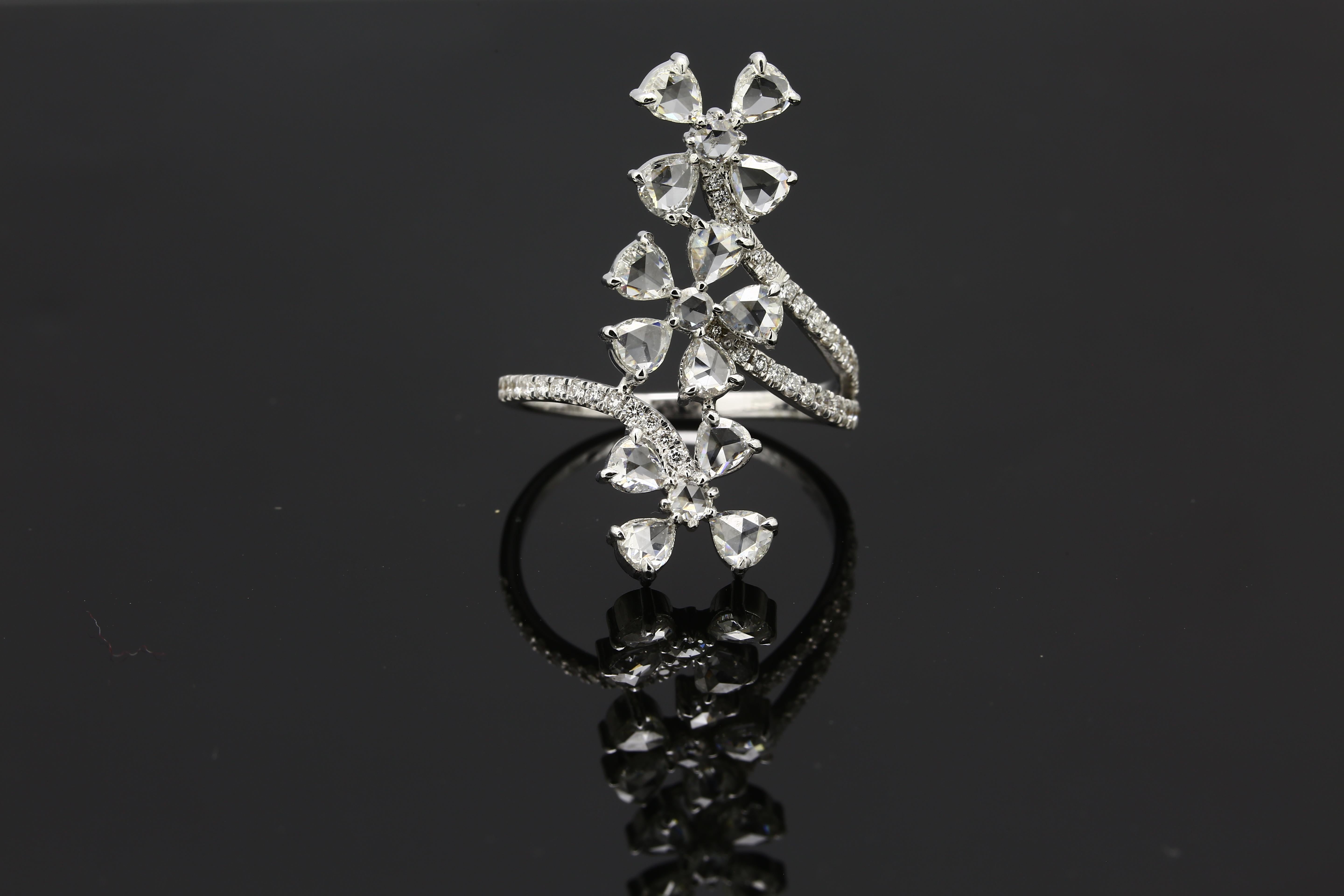 Modern PANIM Trio Floral Diamond Rosecut Ring in 18 Karat White Gold For Sale