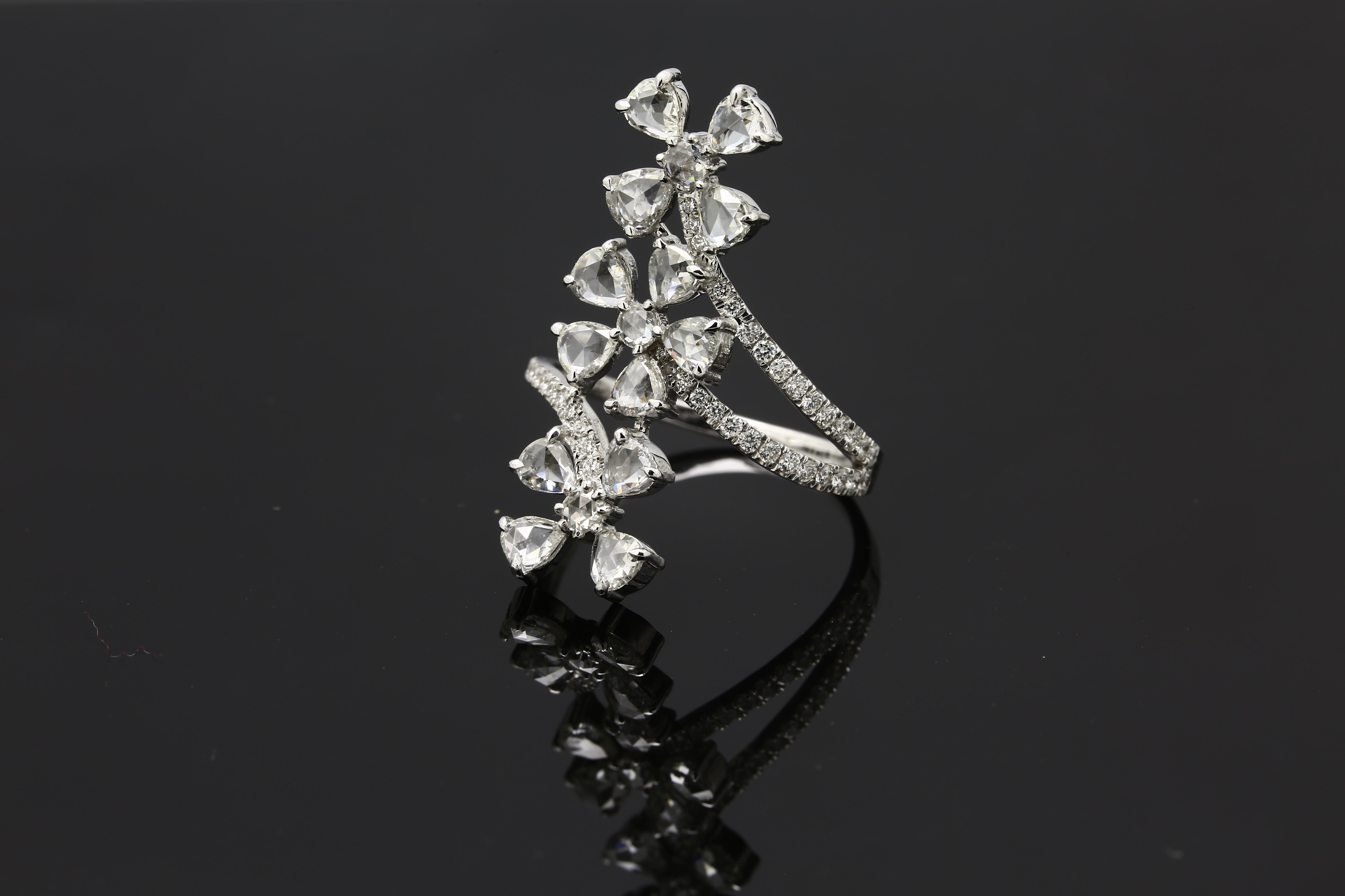Rose Cut PANIM Trio Floral Diamond Rosecut Ring in 18 Karat White Gold For Sale