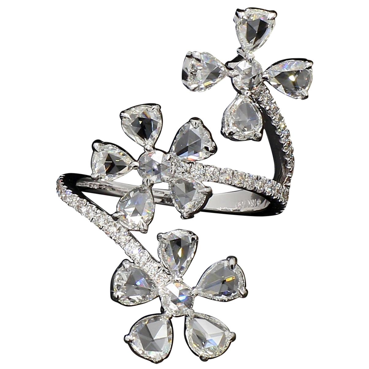 PANIM Trio Floral Ring with Diamond Rosecut in 18 Karat White Gold For Sale