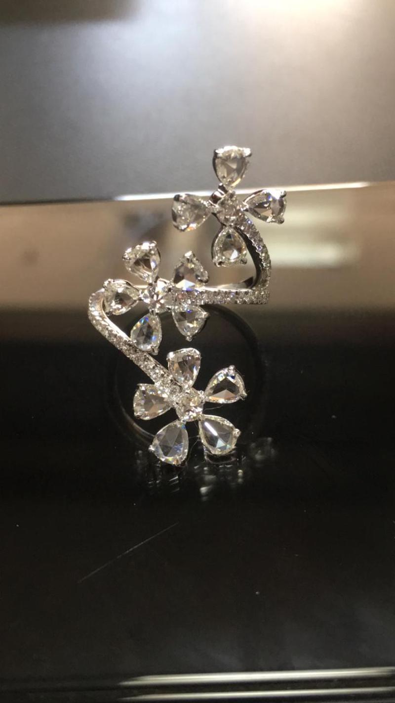 PANIM Trio Floral Ring with Diamond Rosecut in 18 Karat White Gold For Sale 1