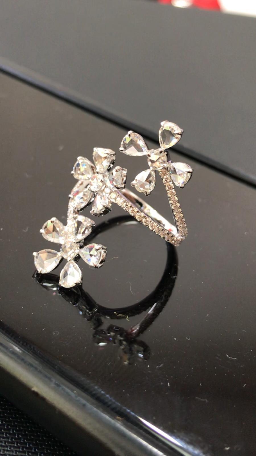 PANIM Trio Floral Ring with Diamond Rosecut in 18 Karat White Gold For Sale 2