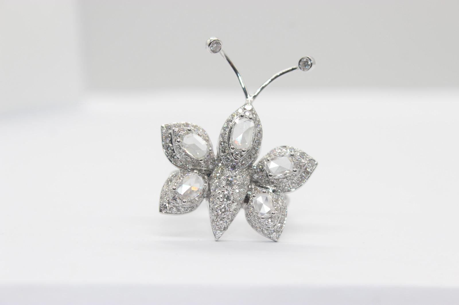 PANIM White Rosecut Diamond Butterfly Cocktail Ring in 18 Karat White Gold For Sale 5