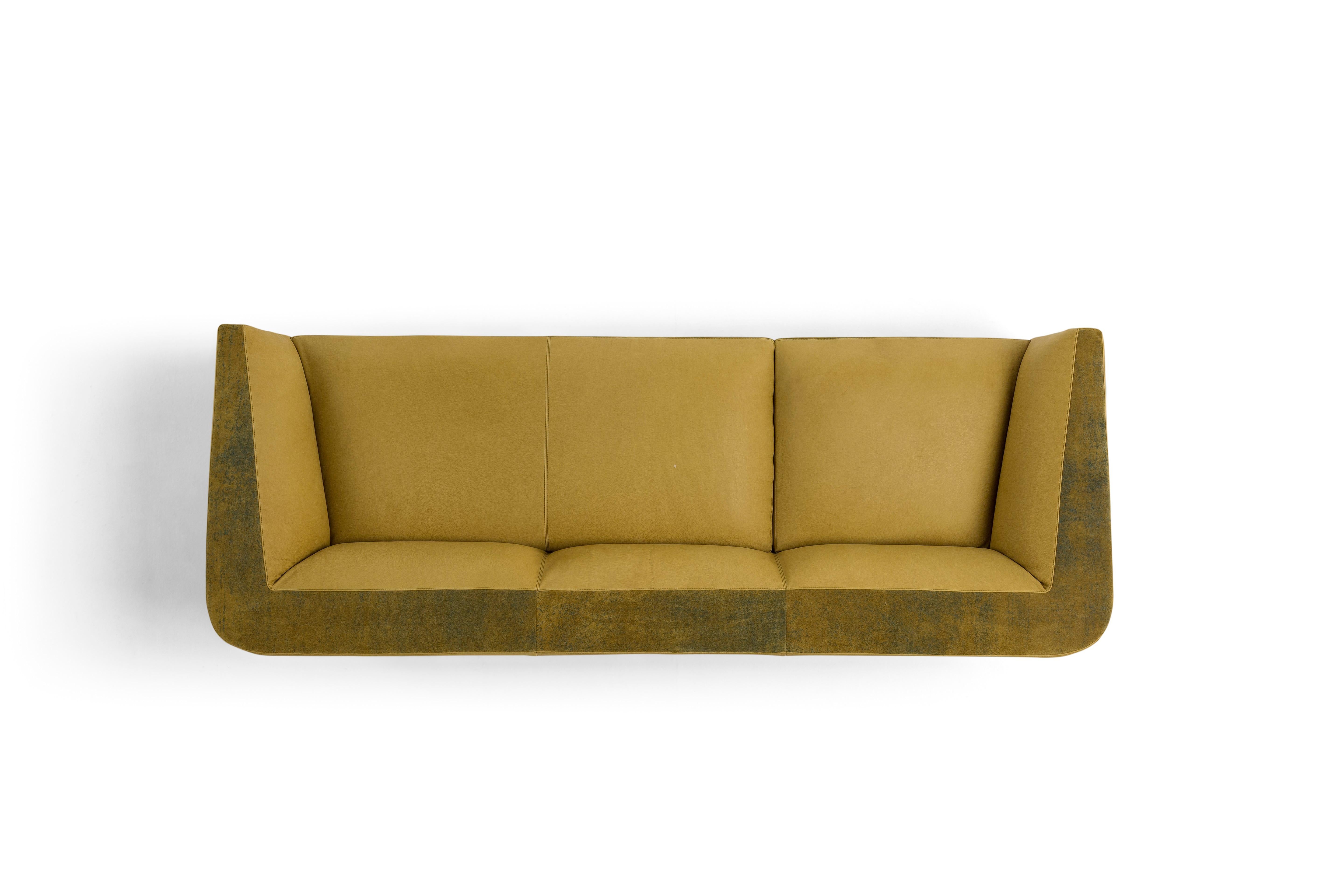 Hand-Crafted Panis Four-Seat Leather Sofa in Yellow by Emanuel Gargano & Anton Cristell For Sale