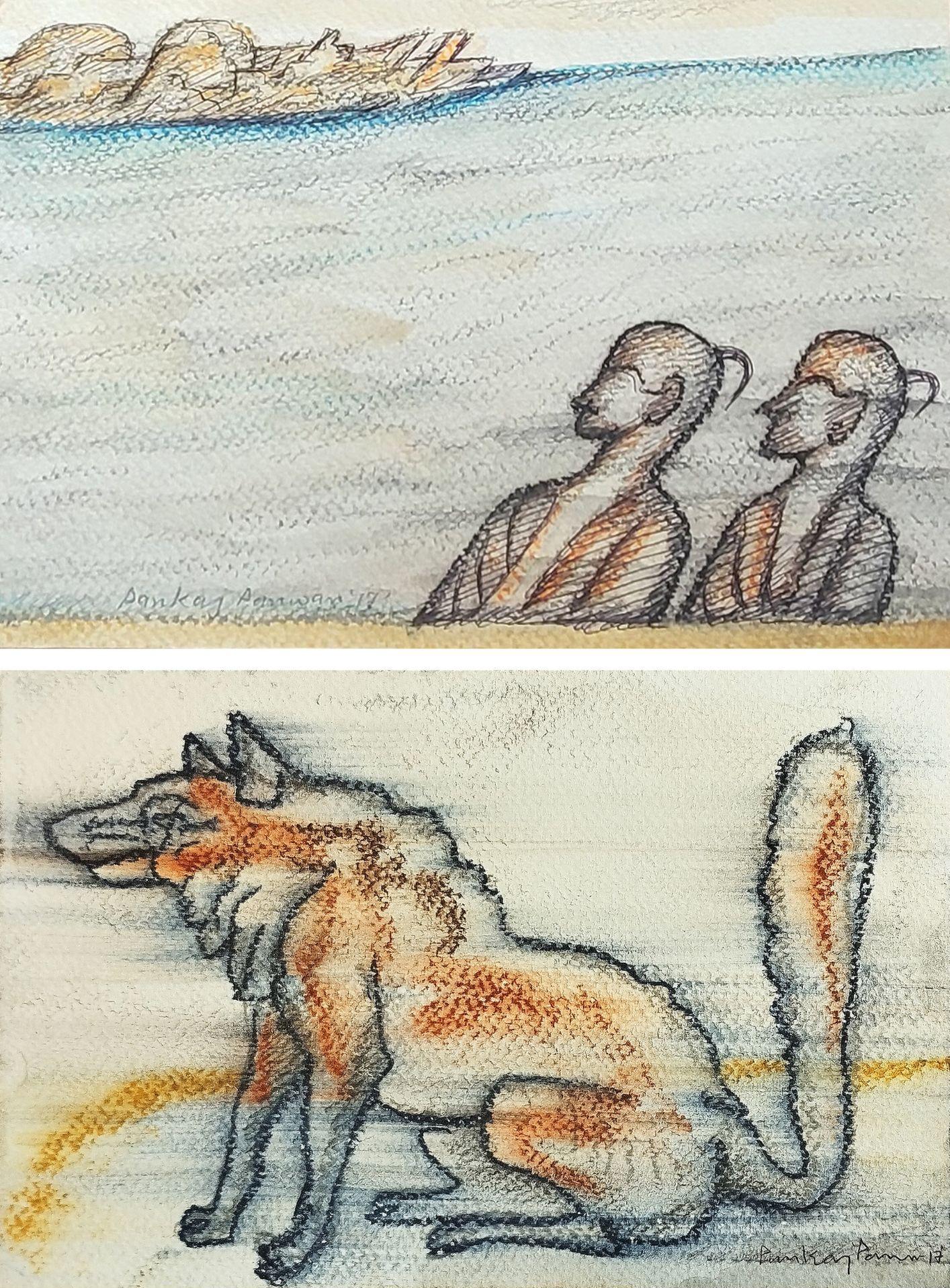 Pankaj Panwar Animal Painting - Untitled, Pastel on Paper, Set of 2 Works by Contemporary Artists "In Stock"