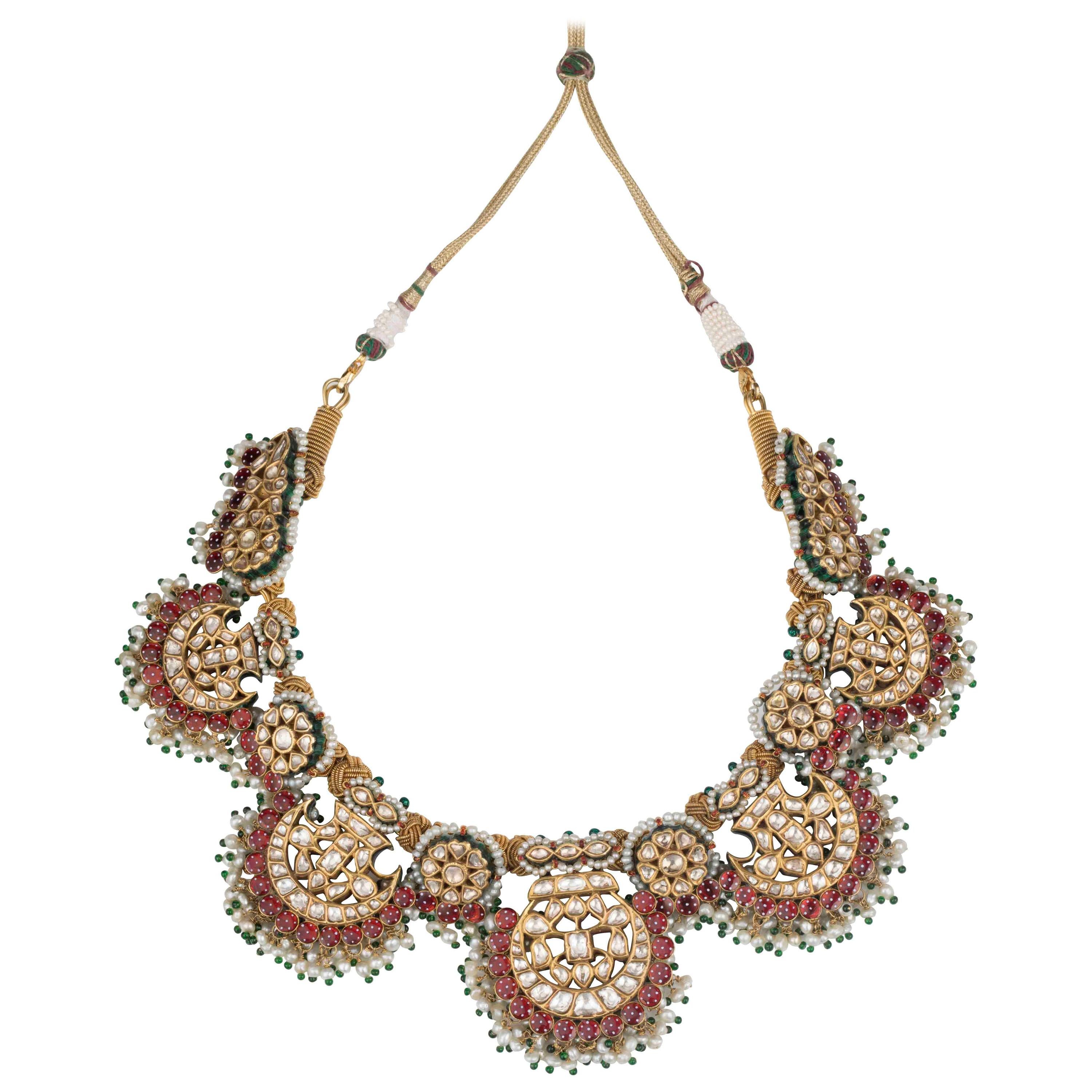 Pankhi Fan Necklace 22 Karat Gold, Uncut Diamonds Natural Pearls Emeralds Rubies