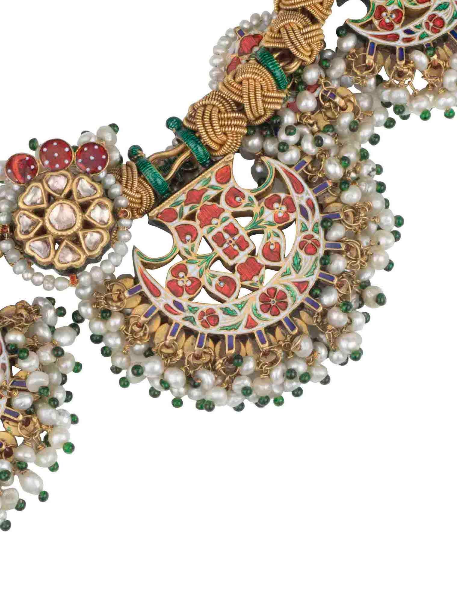 Revival Pankhi Fan Necklace 22 Karat Gold, Uncut Diamonds Natural Pearls Emeralds Rubies For Sale