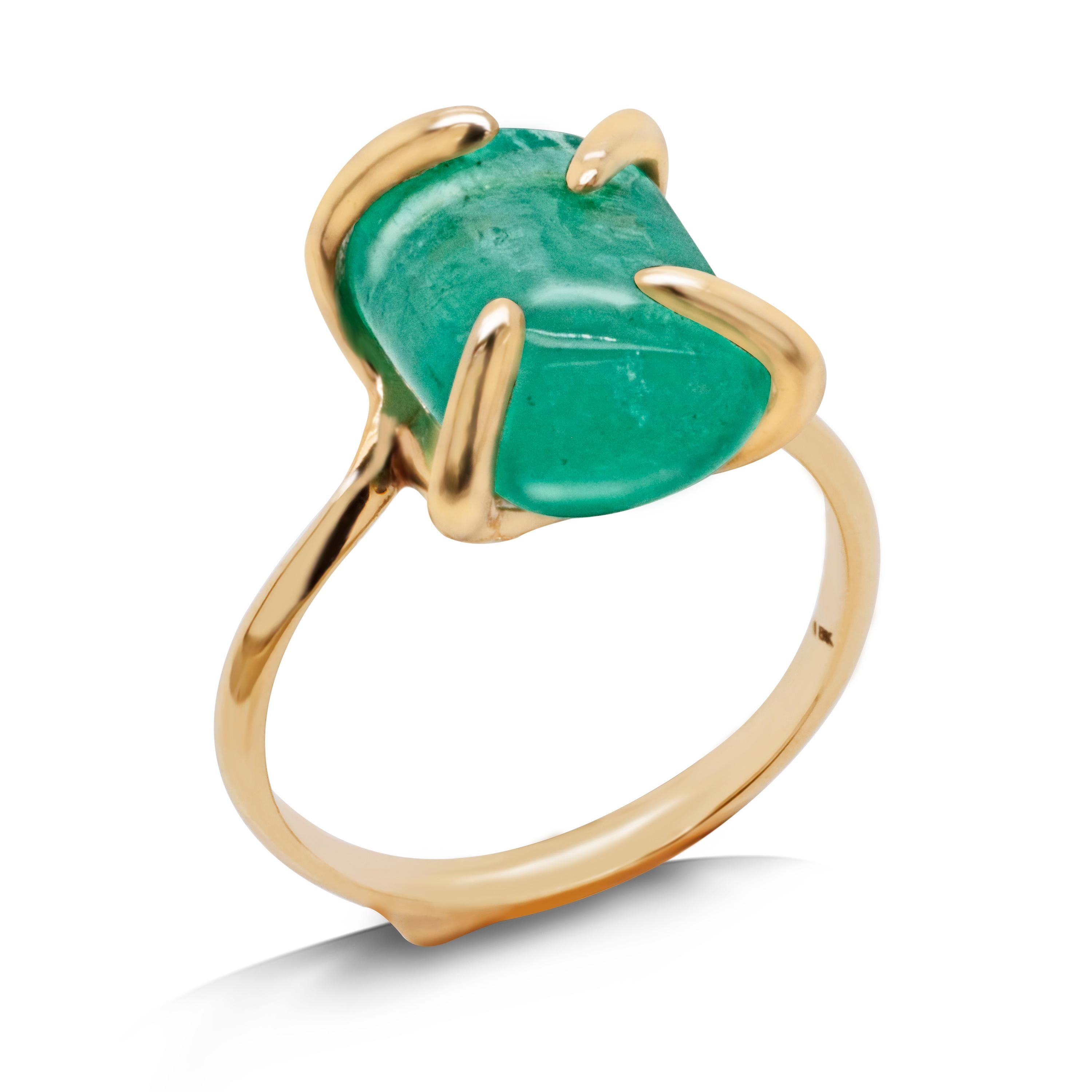 Almost 6 carats of a carefully polished piece of rough Russian Emerald mounted in 18K Gold. 
This Ring has a special soul of Ural Mountains nature. 
The stone certified by ICA lab and has no identifications of clarity enhancement. 


Center stone: