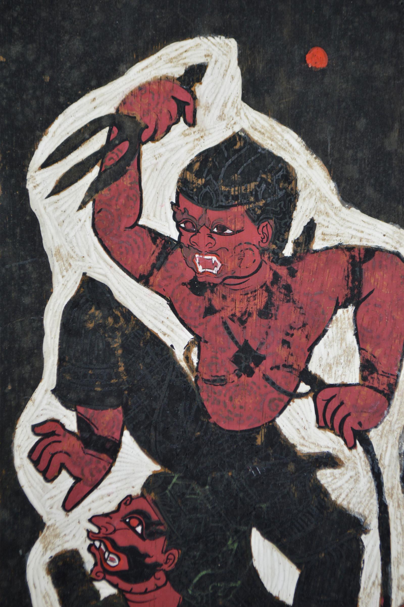 Wood Panneau peint Thaïlandais signé Prasit, 1966